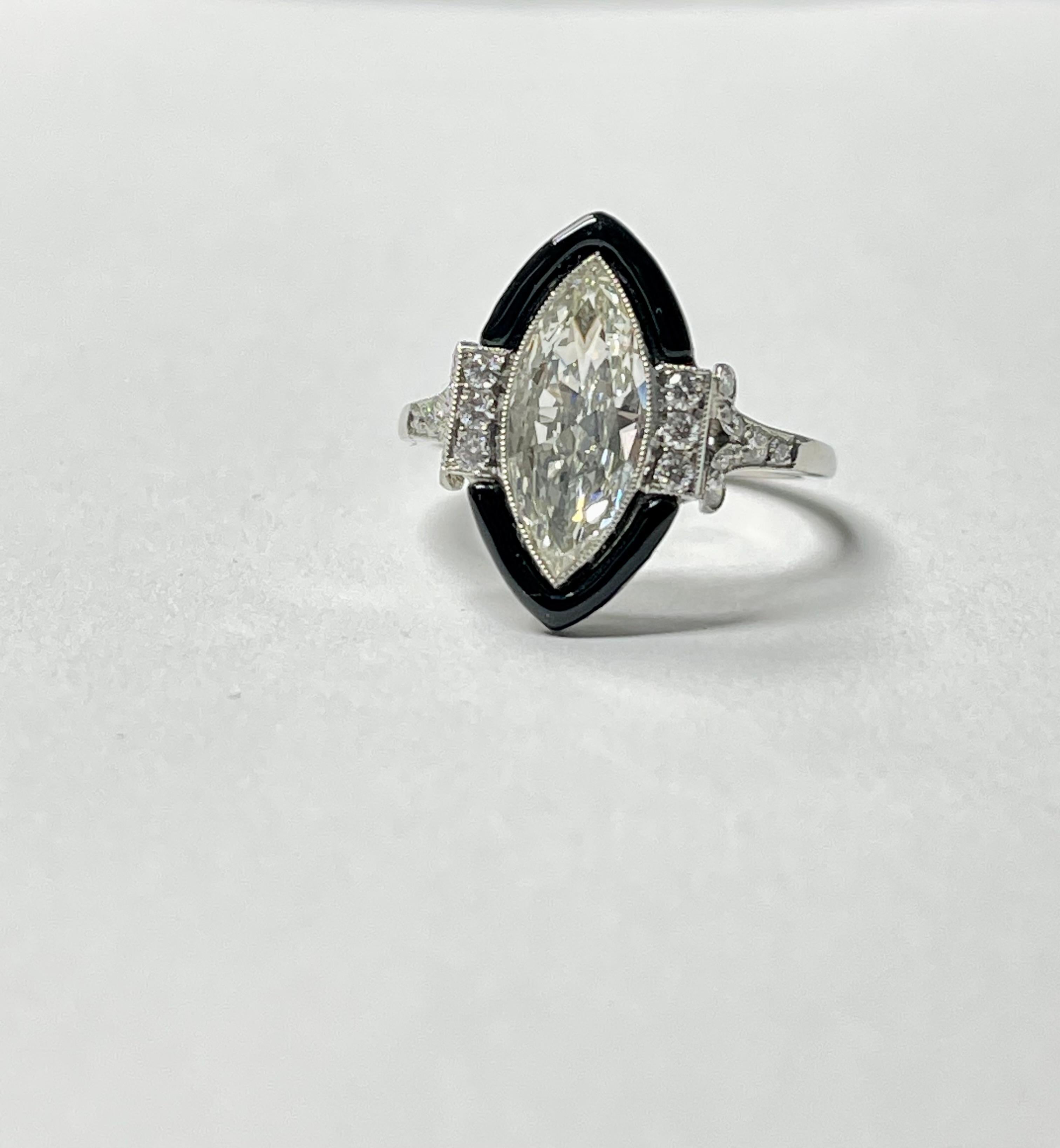 Contemporary Marquise Diamond and Enamel Engagement Ring in Platinum For Sale