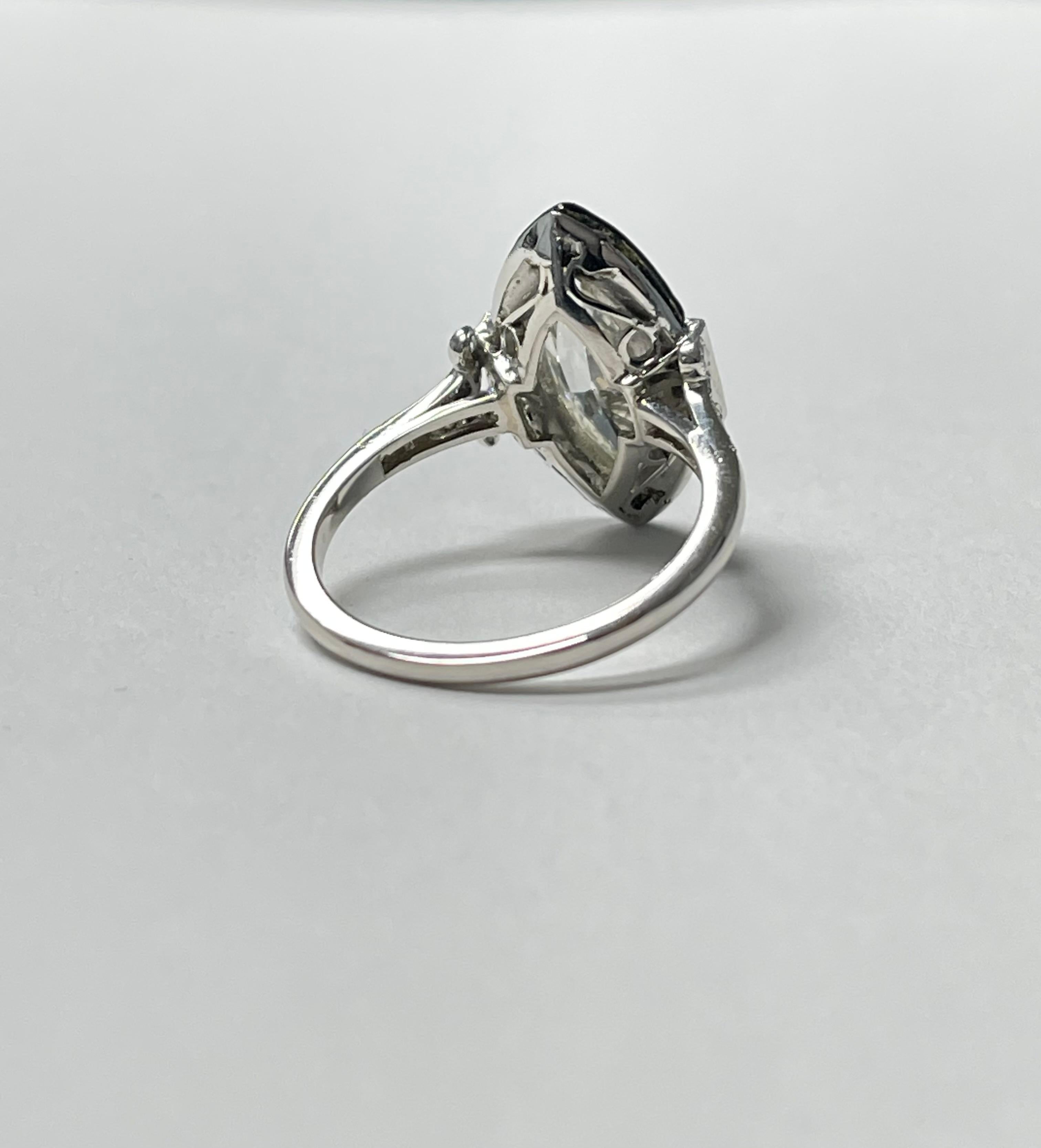 Marquise Diamond and Enamel Engagement Ring in Platinum In New Condition For Sale In New York, NY
