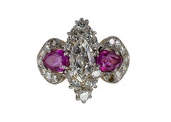 Marquise Diamond and Pear-Shaped Ruby Three-Stone Cluster Ring