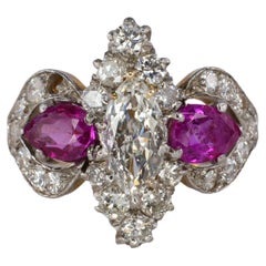Marquise Diamond and Pear-Shaped Ruby Three-Stone Cluster Ring