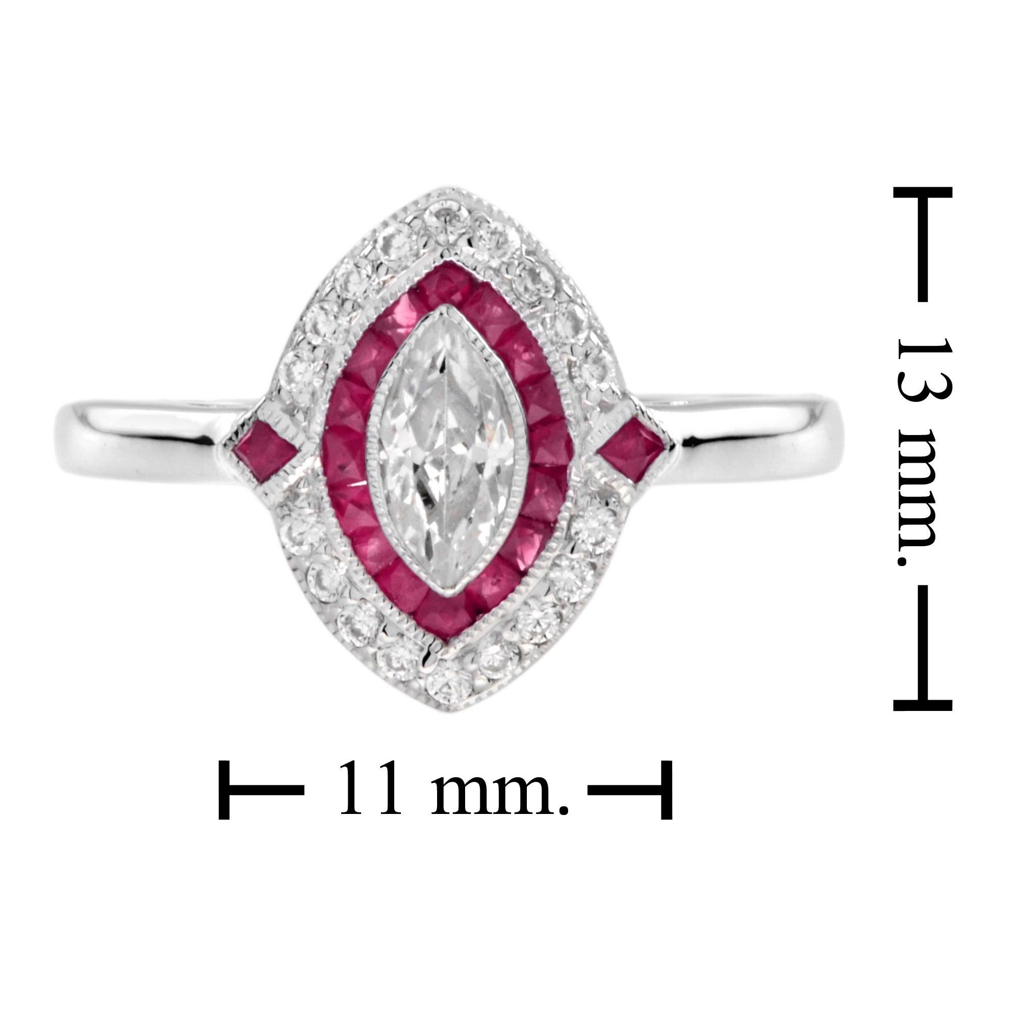 Bague de fiançailles de style Art déco en or blanc 18 carats, diamant marquise et rubis en vente 6