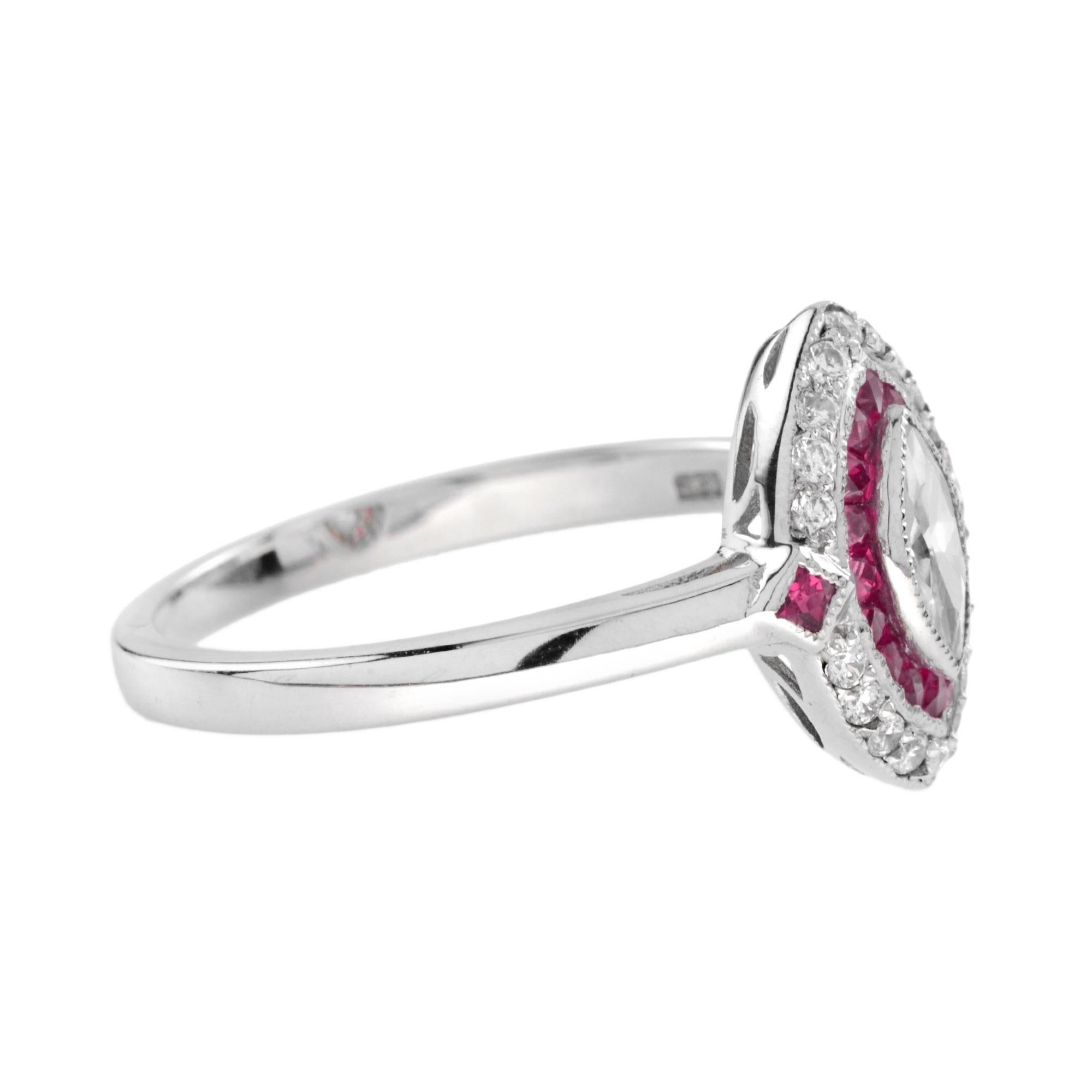 Taglio marquise Anello di fidanzamento con diamante marquise e rubino in stile Art Déco in oro bianco 18 carati in vendita