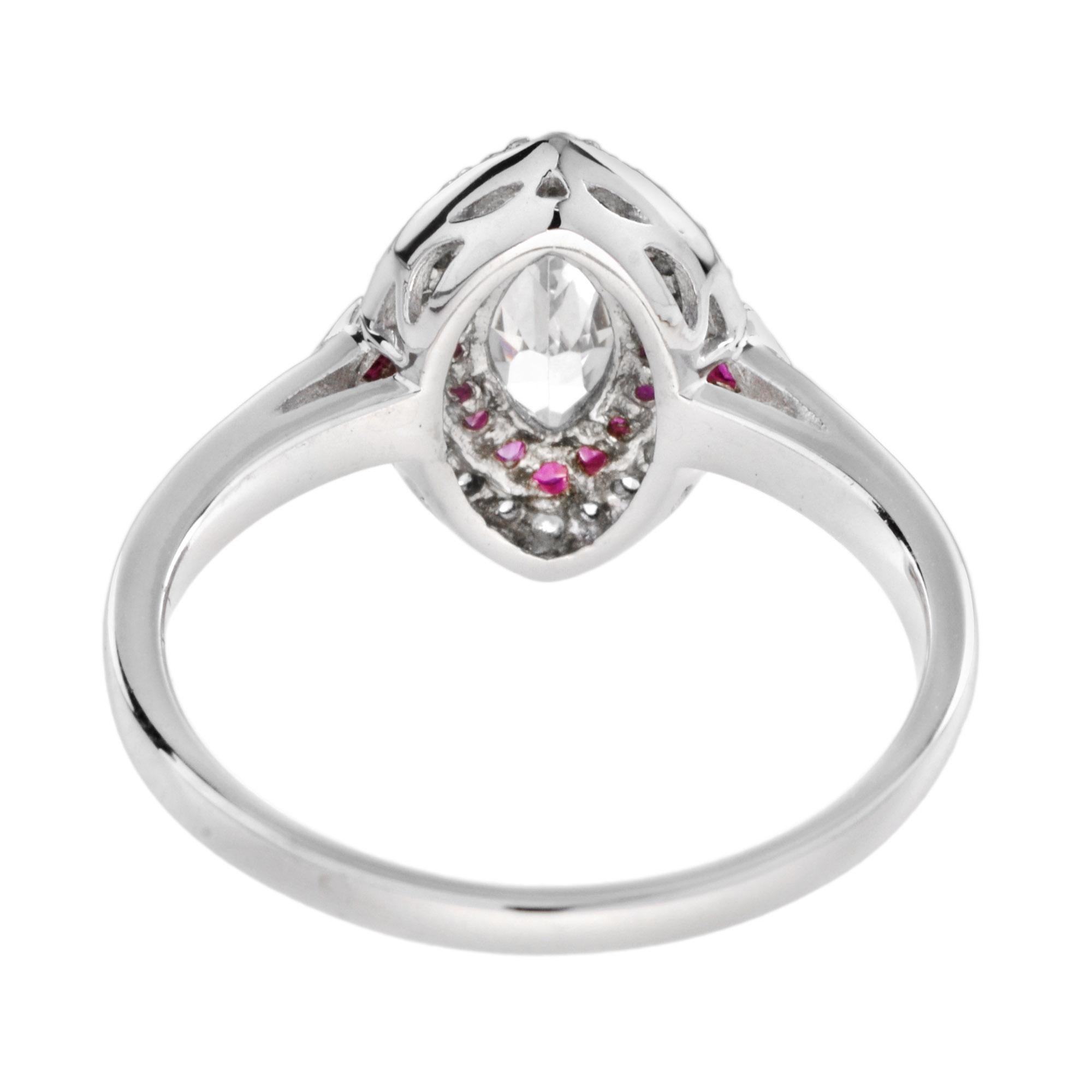 Bague de fiançailles de style Art déco en or blanc 18 carats, diamant marquise et rubis en vente 4