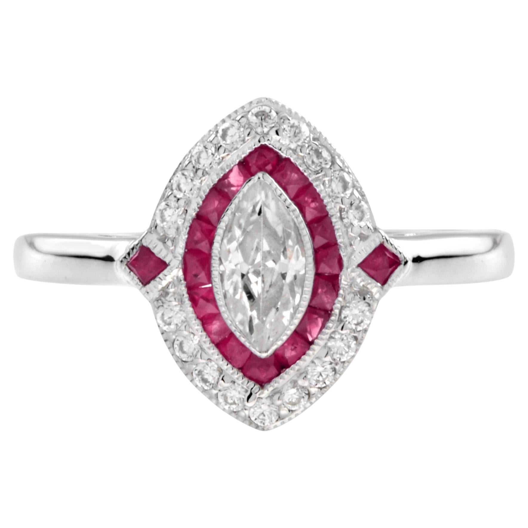 Bague de fiançailles de style Art déco en or blanc 18 carats, diamant marquise et rubis