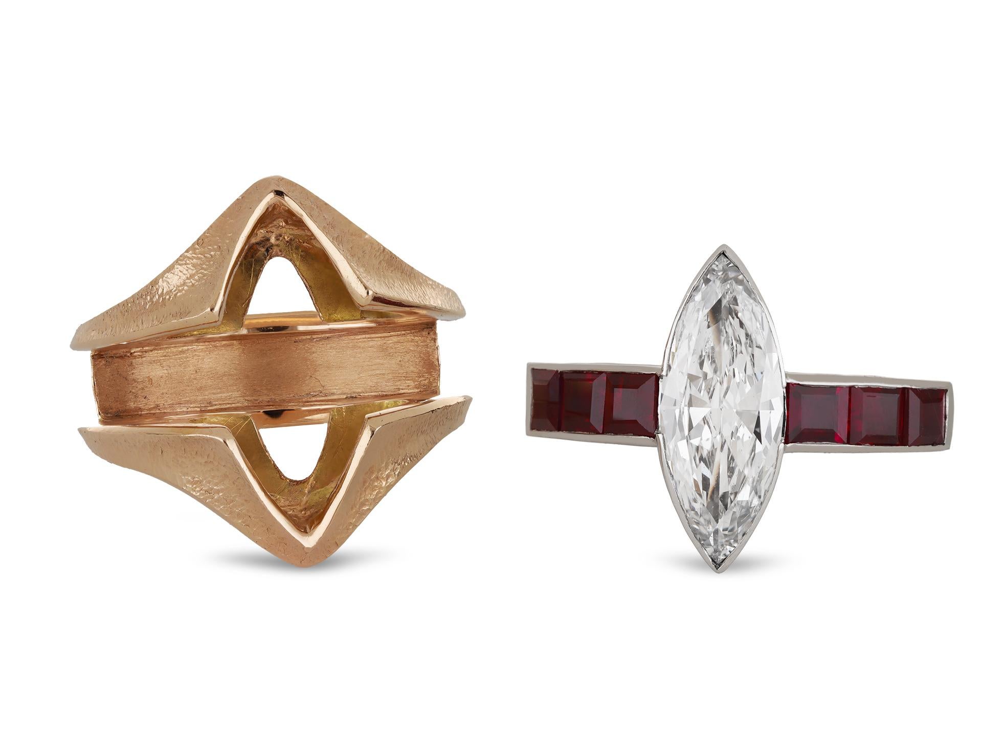 Dopoguerra Anello convertibile con diamante marquise e rubino, 1950 circa. in vendita