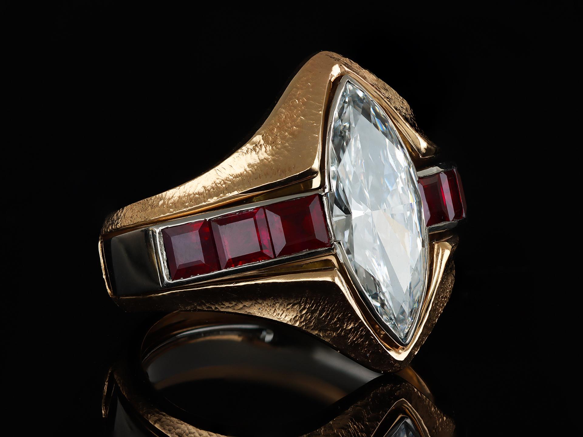 da uomo o donna Anello convertibile con diamante marquise e rubino, 1950 circa. in vendita
