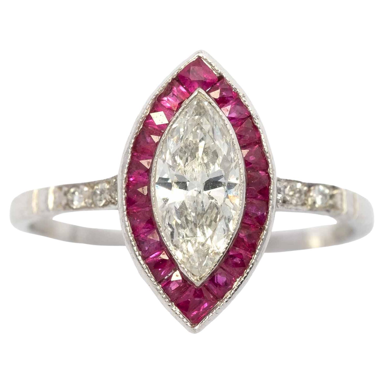 Marquise diamond and ruby platinum ring