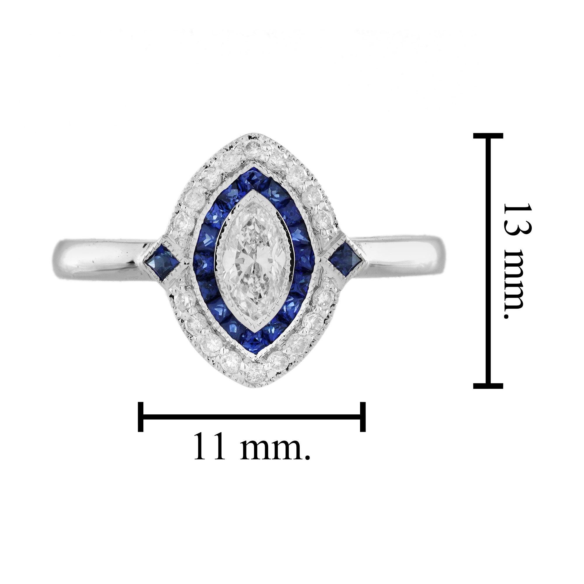 Anello di fidanzamento in stile Art Deco con diamante e zaffiro marquise in oro bianco 14K in vendita 4