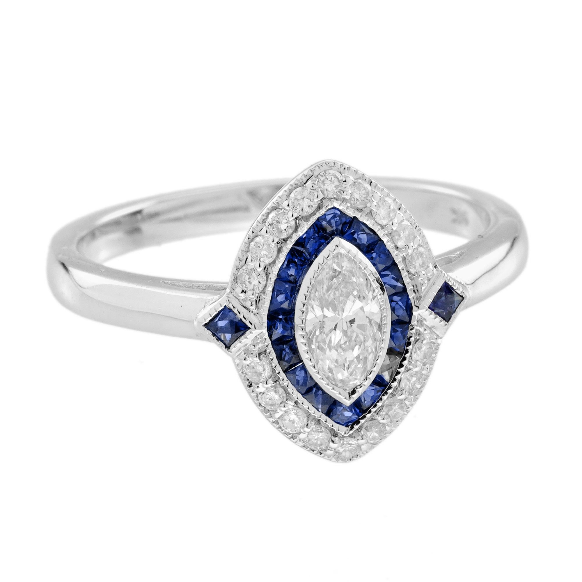 Donna Anello di fidanzamento in stile Art Deco con diamante e zaffiro marquise in oro bianco 14K in vendita
