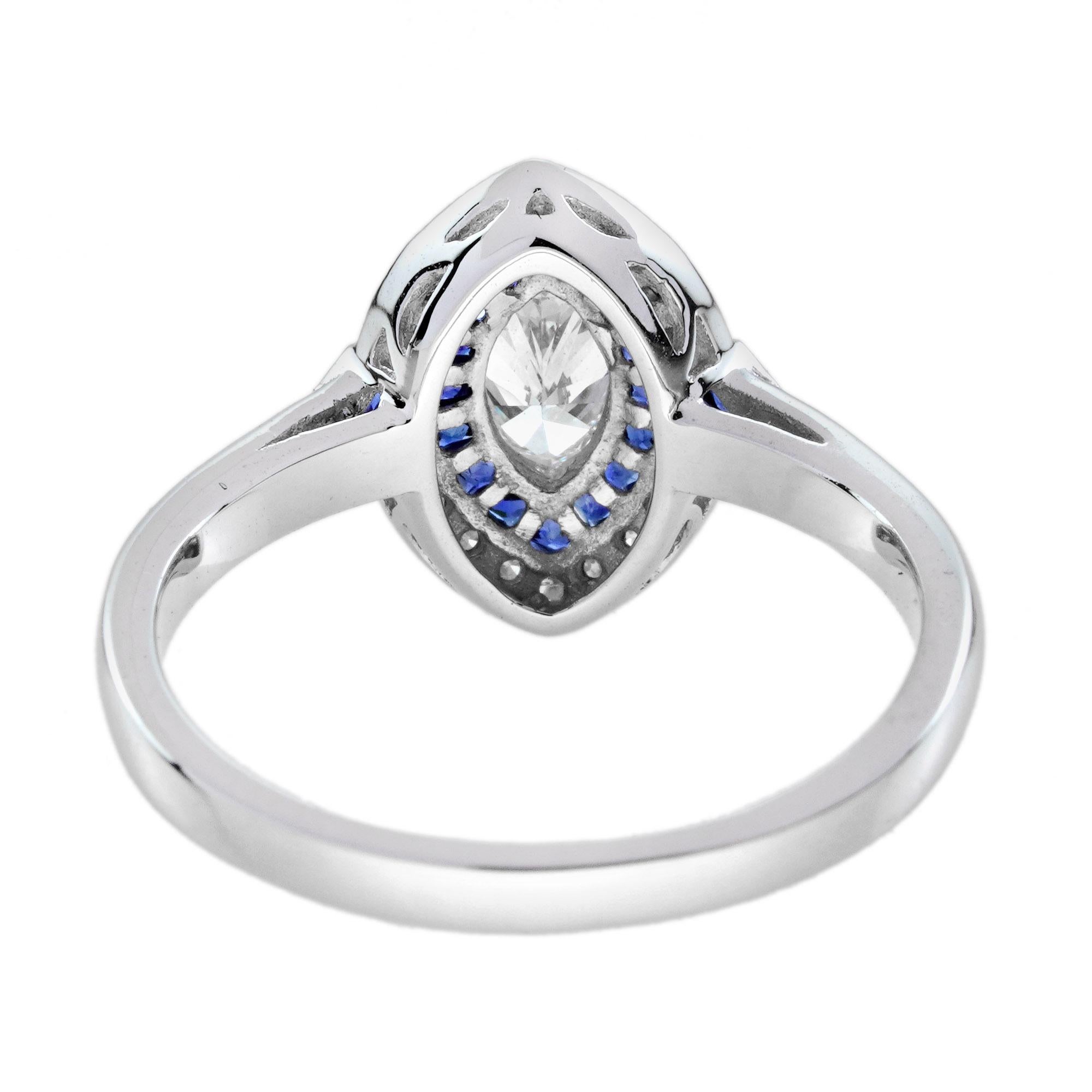 Anello di fidanzamento in stile Art Deco con diamante e zaffiro marquise in oro bianco 14K in vendita 2