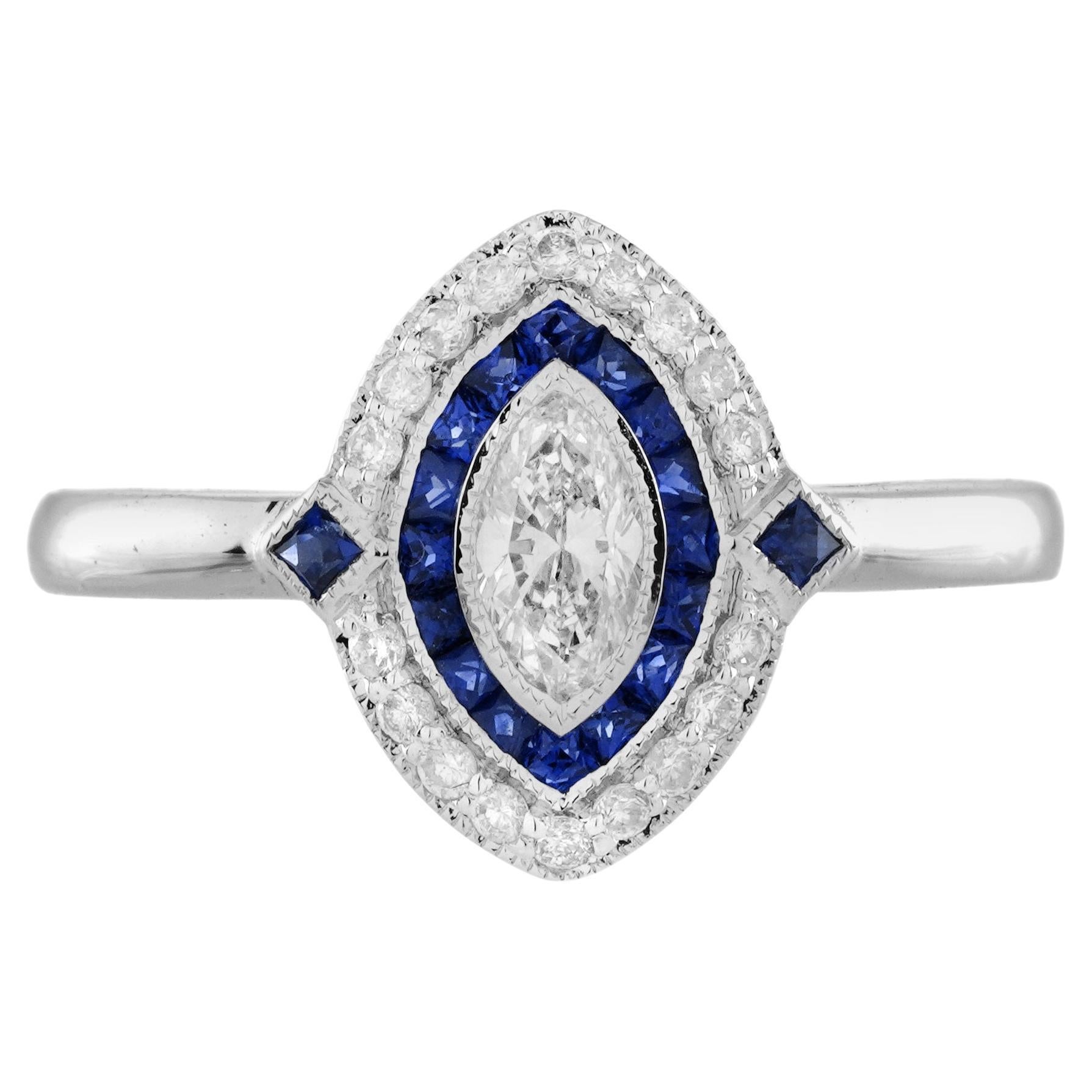 Anello di fidanzamento in stile Art Deco con diamante e zaffiro marquise in oro bianco 14K