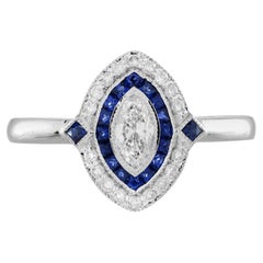 Anello di fidanzamento in stile Art Deco con diamante e zaffiro marquise in oro bianco 14K