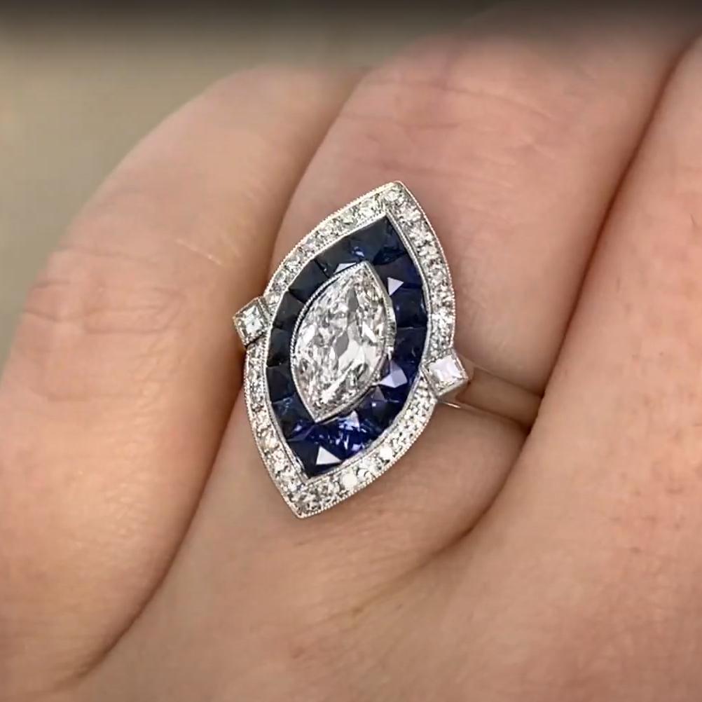Marquise Diamant (ca. 0,70 Karat) & Saphir Doppel-Halo Lünettenfassung, Platin (Art déco) im Angebot