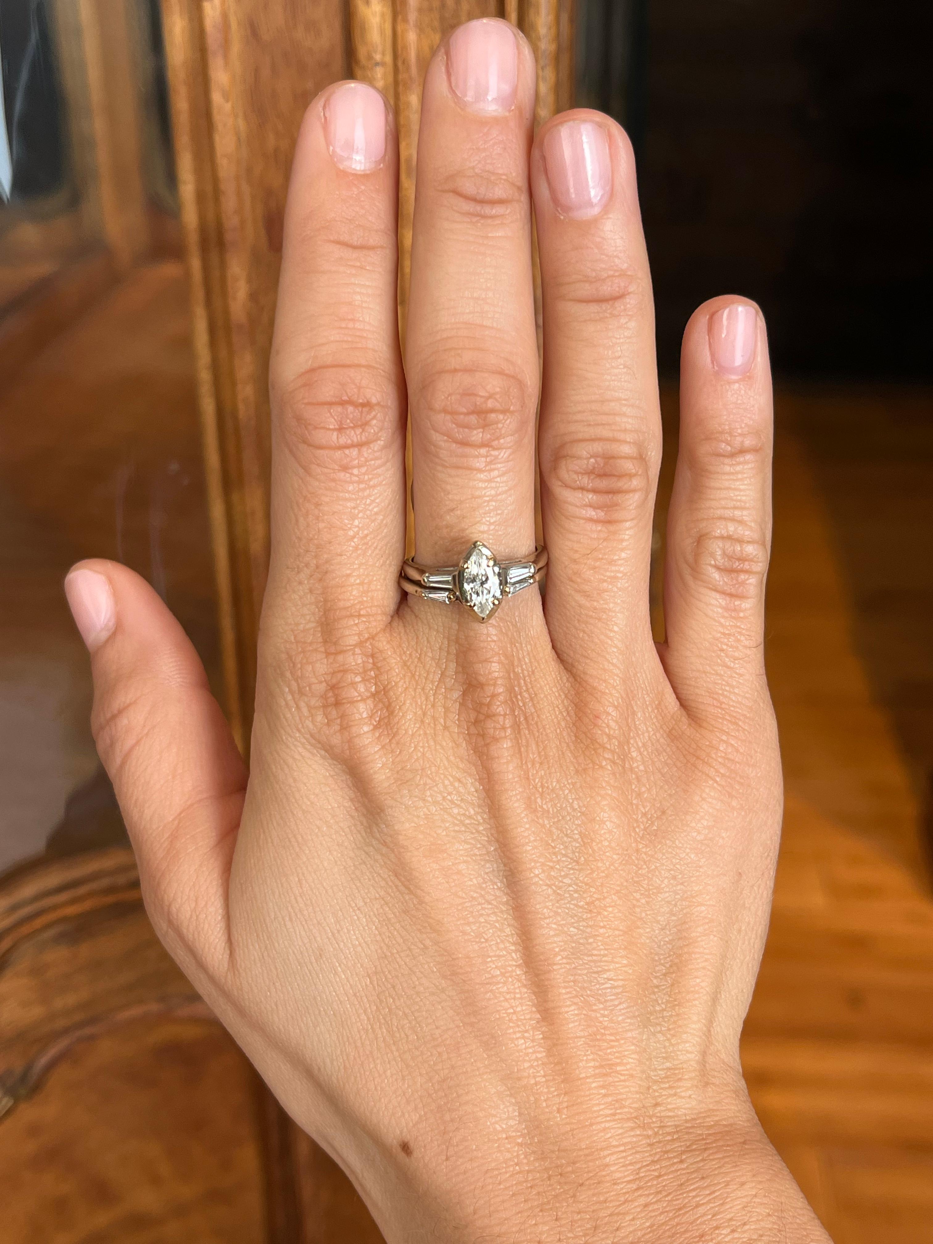 Marquise Diamant & Baguette Verlobungsring & Ehering Set 14K Weißgold im Zustand „Gut“ im Angebot in Santa Monica, CA