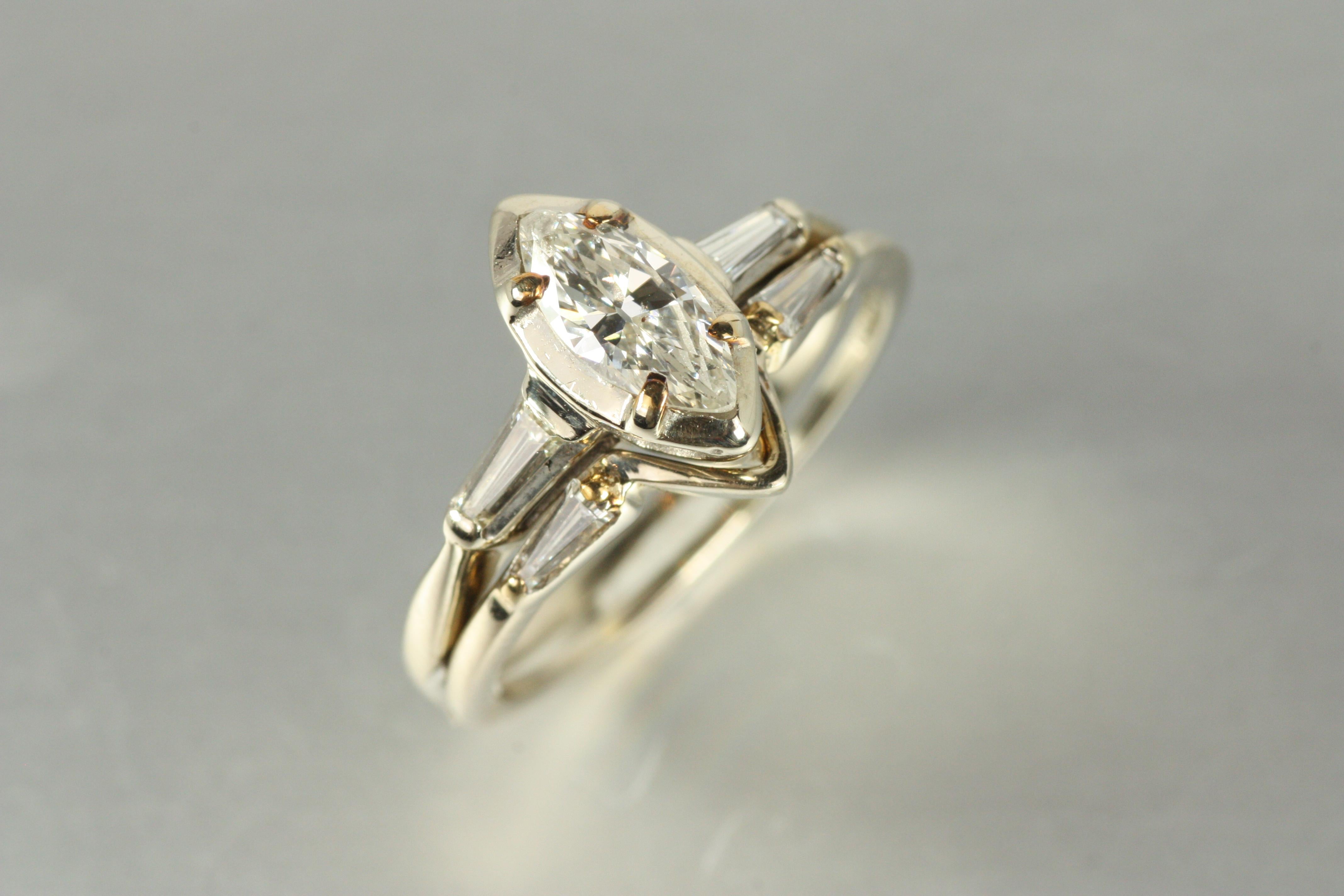 Marquise Diamant & Baguette Verlobungsring & Ehering Set 14K Weißgold Damen im Angebot
