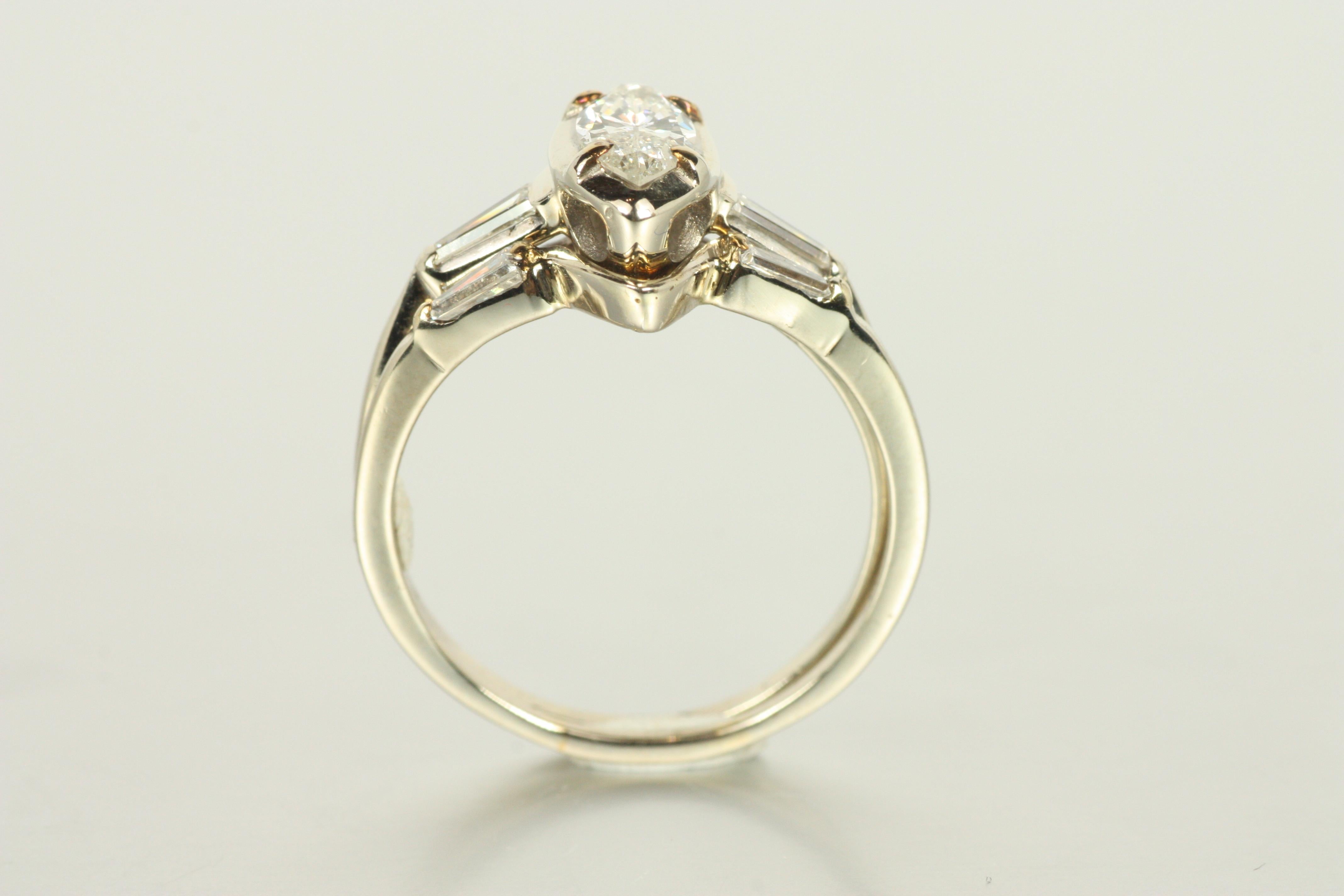 Marquise Diamant & Baguette Verlobungsring & Ehering Set 14K Weißgold im Angebot 2