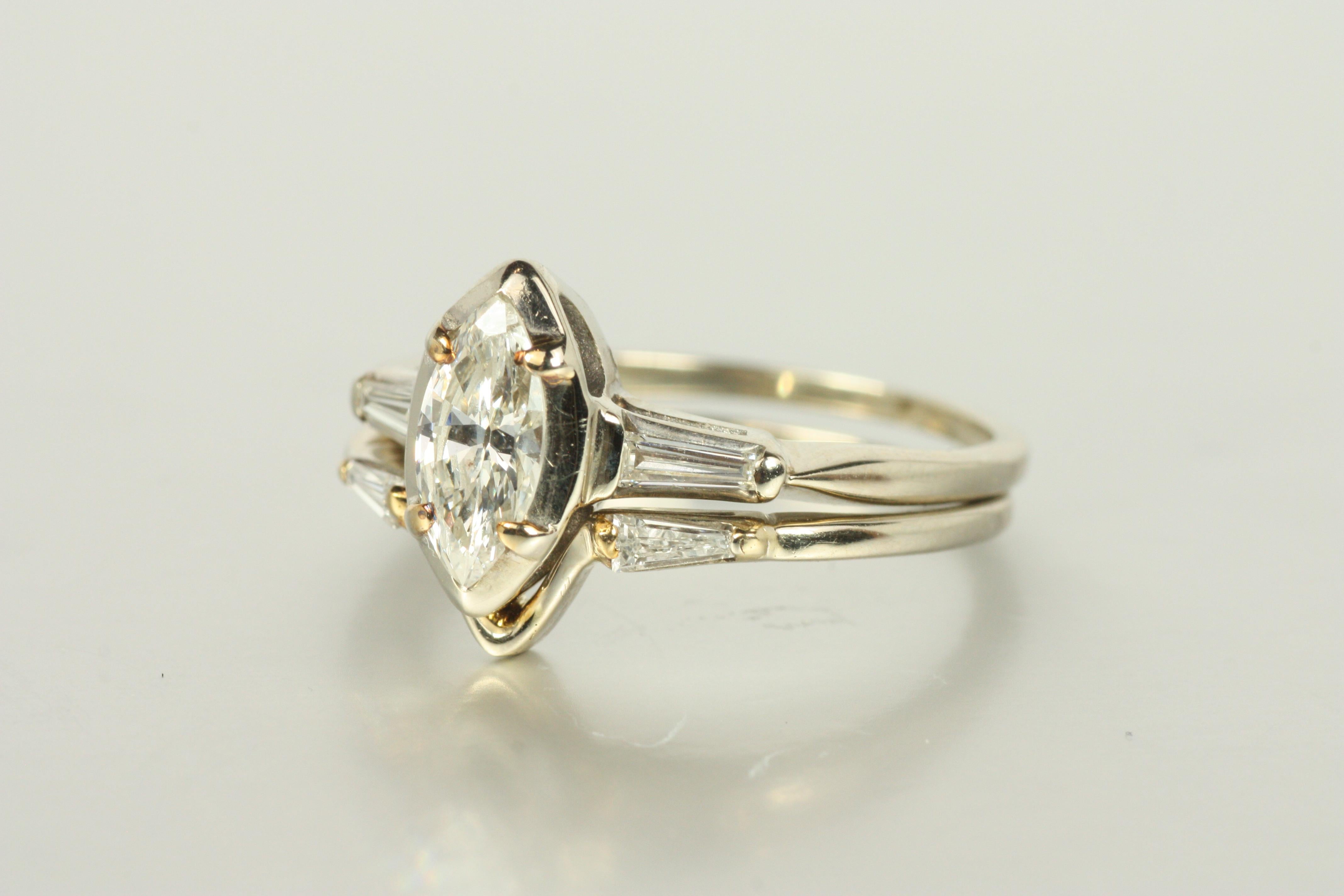Marquise Diamant & Baguette Verlobungsring & Ehering Set 14K Weißgold im Angebot 3