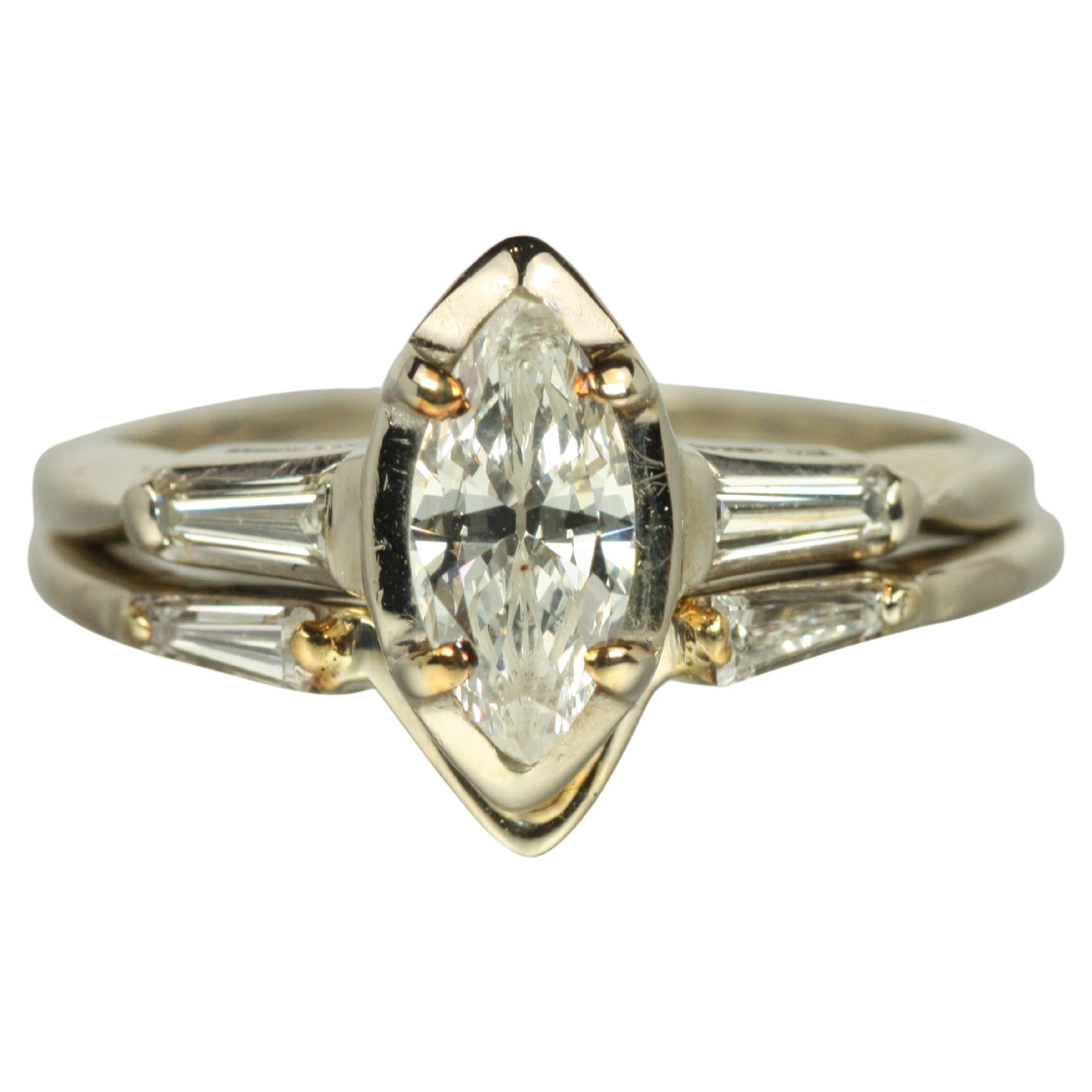 Marquise Diamant & Baguette Verlobungsring & Ehering Set 14K Weißgold im Angebot