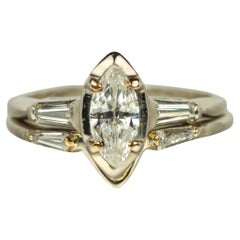 Marquise Diamond & Baguette Engagement Ring & Wedding Band Set 14K White Gold