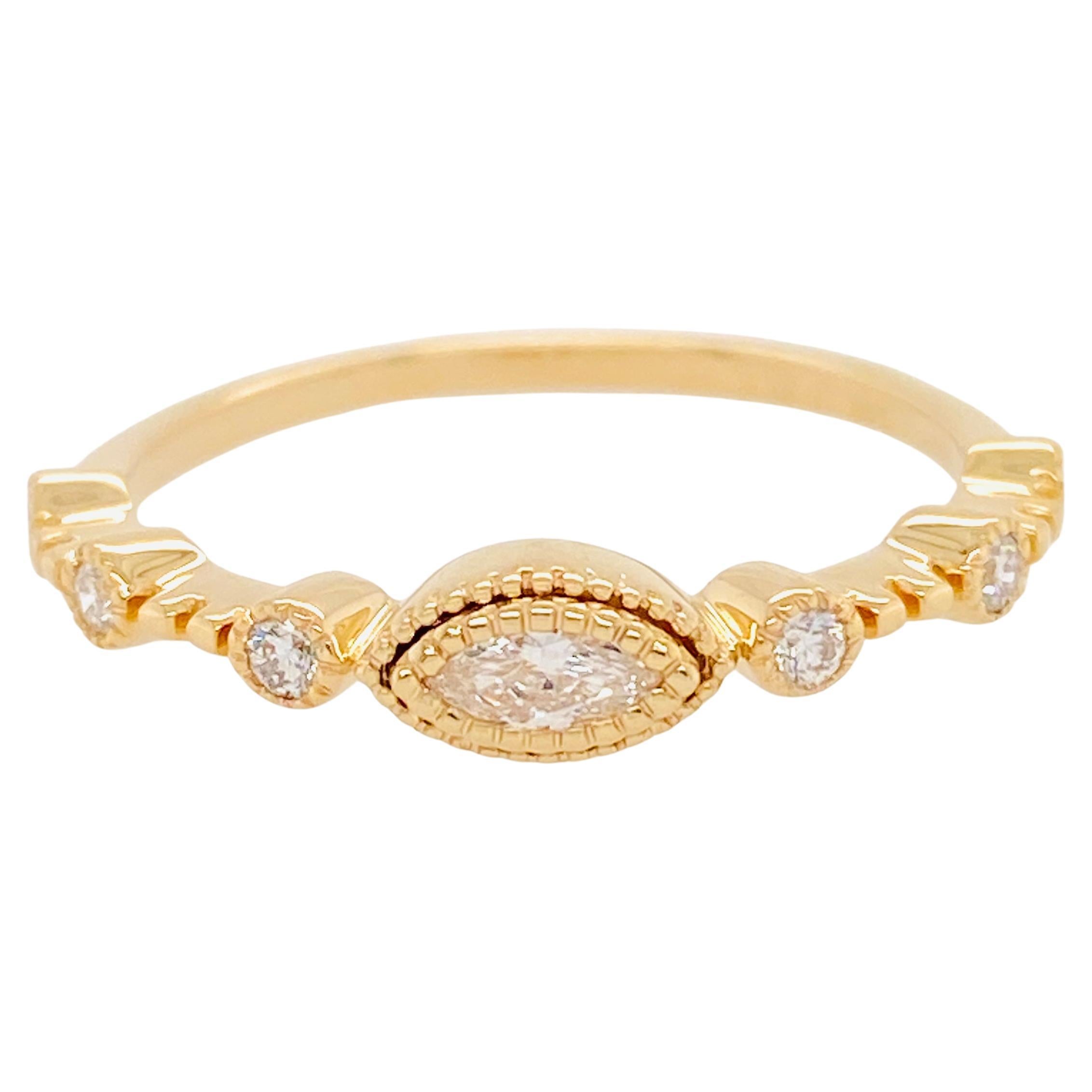 Marquise Diamond Band Minimalist Vintage Style w Miligrain in 14K Yellow Gold For Sale