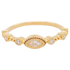 Marquise-Diamantband im minimalistischen Vintage-Stil mit Miligrain aus 14 Karat Gelbgold