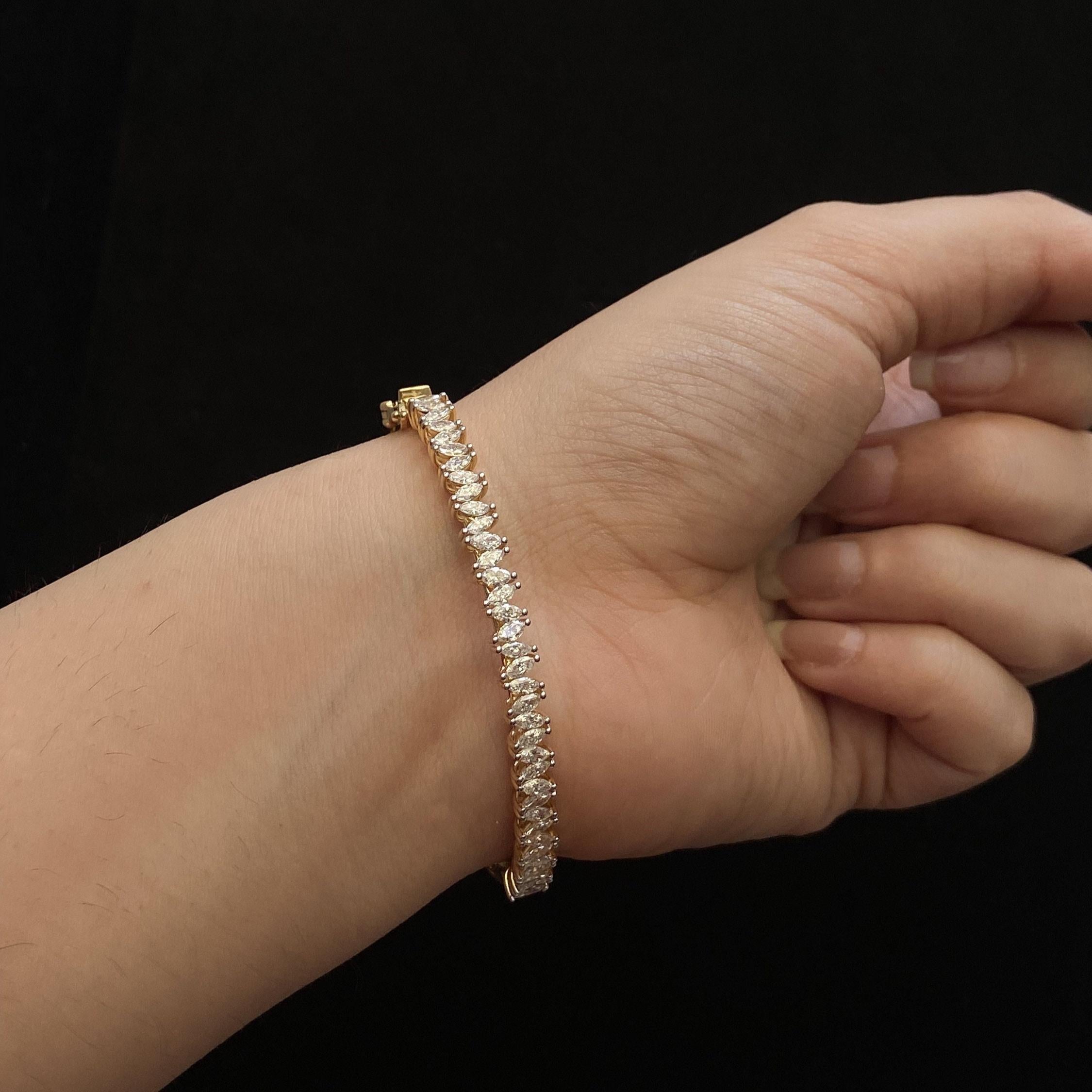 Art Deco Marquise Diamond Bangle Bracelet in 14K Solid Gold (Certified) For Sale