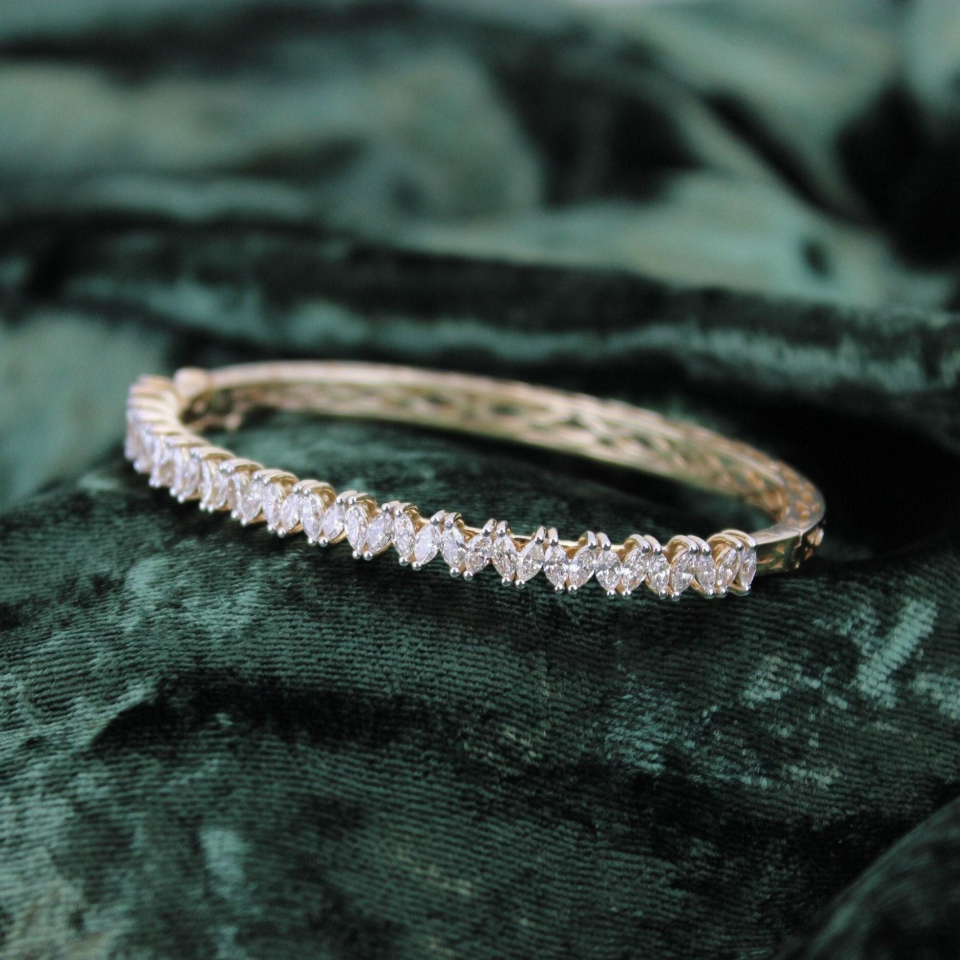 Marquise Cut Marquise Diamond Bangle Bracelet in 14K Solid Gold (Certified) For Sale