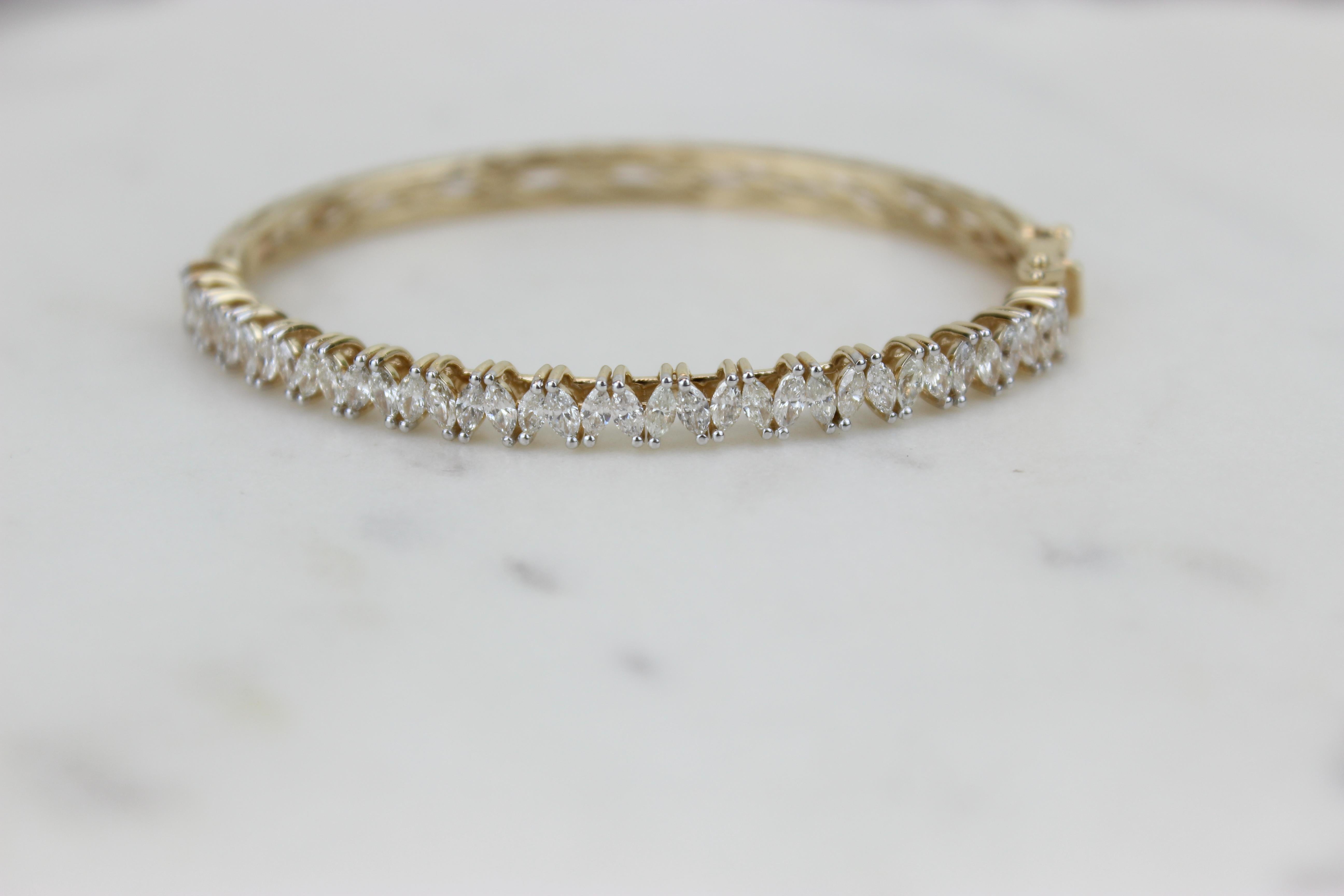 Women's Marquise Diamond Bangle Bracelet in 14K Solid Gold (Certified) For Sale