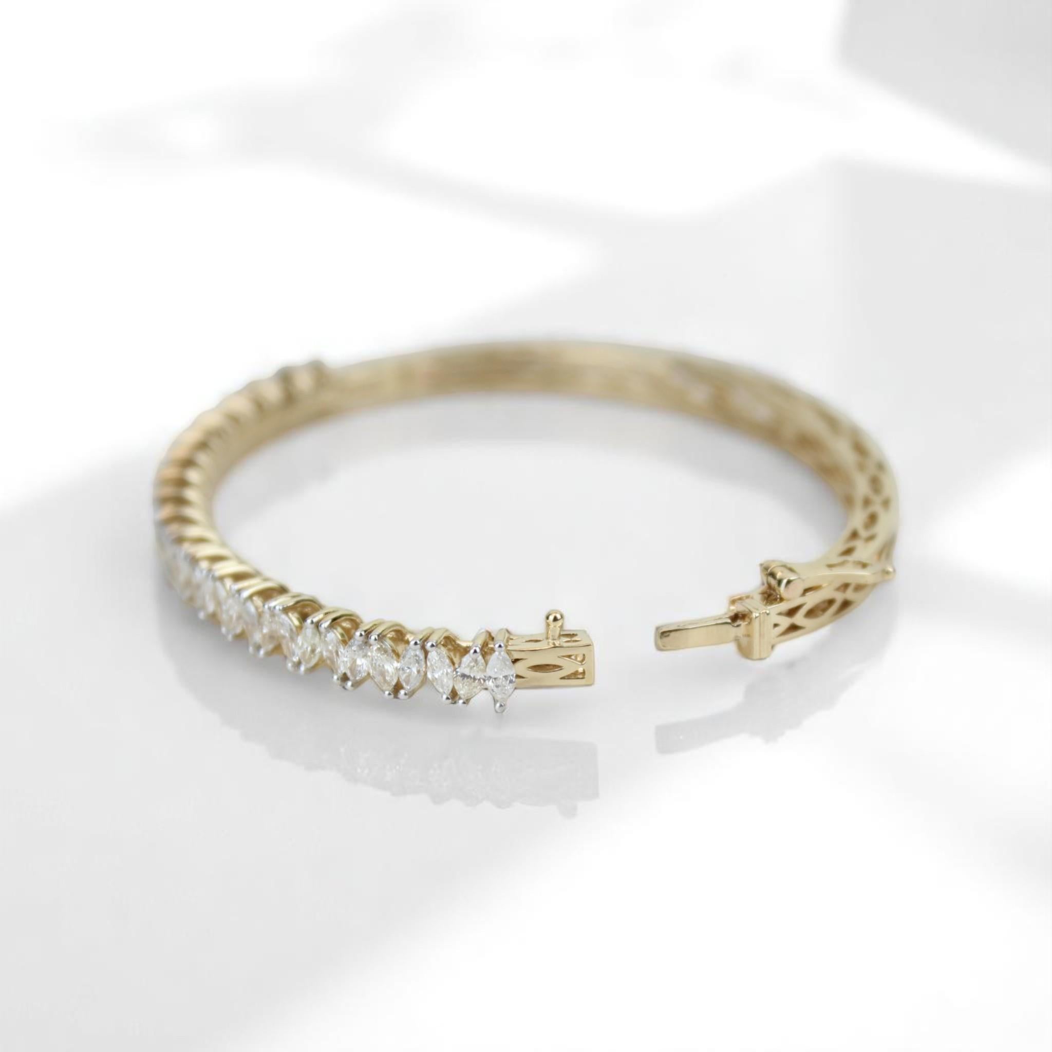 Marquise Diamond Bangle Bracelet in 14K Solid Gold (Certified) For Sale 2