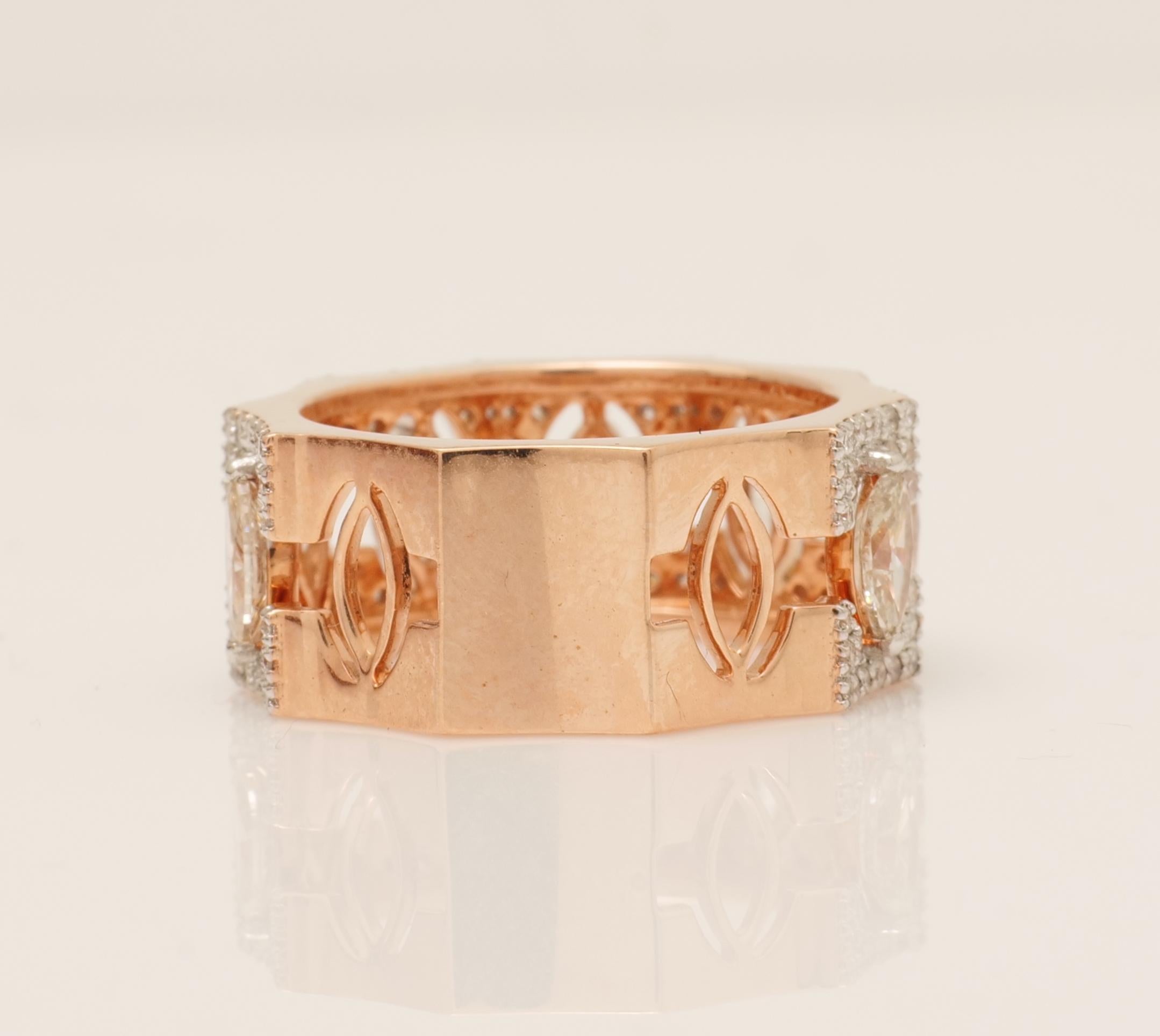 Anillo con banda ancha de diamantes marquesa en oro macizo de 14 quilates (certificado) en venta 3