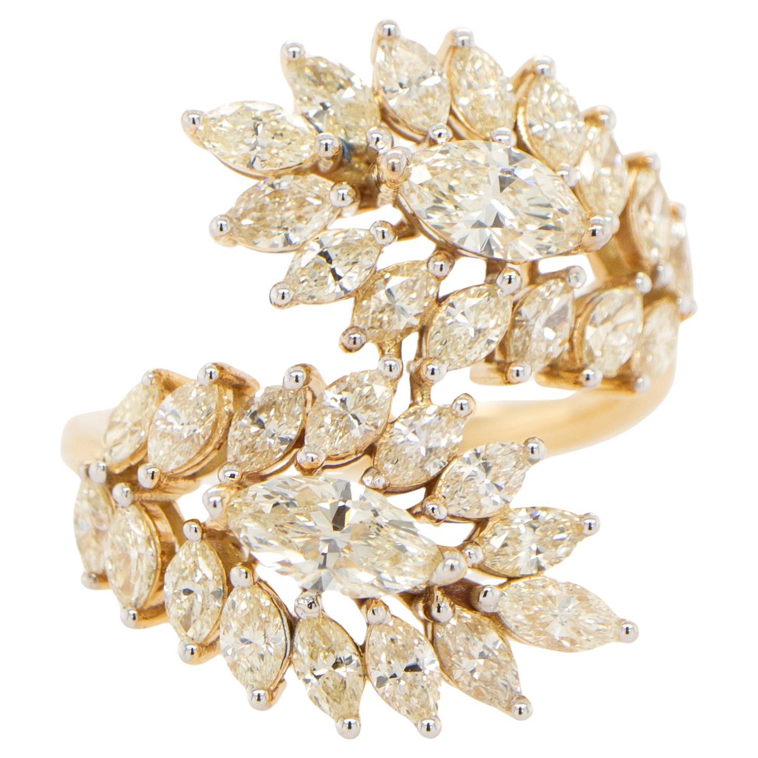 Marquise Diamond Bypass Ring 3 Carats 18K Yellow Gold For Sale