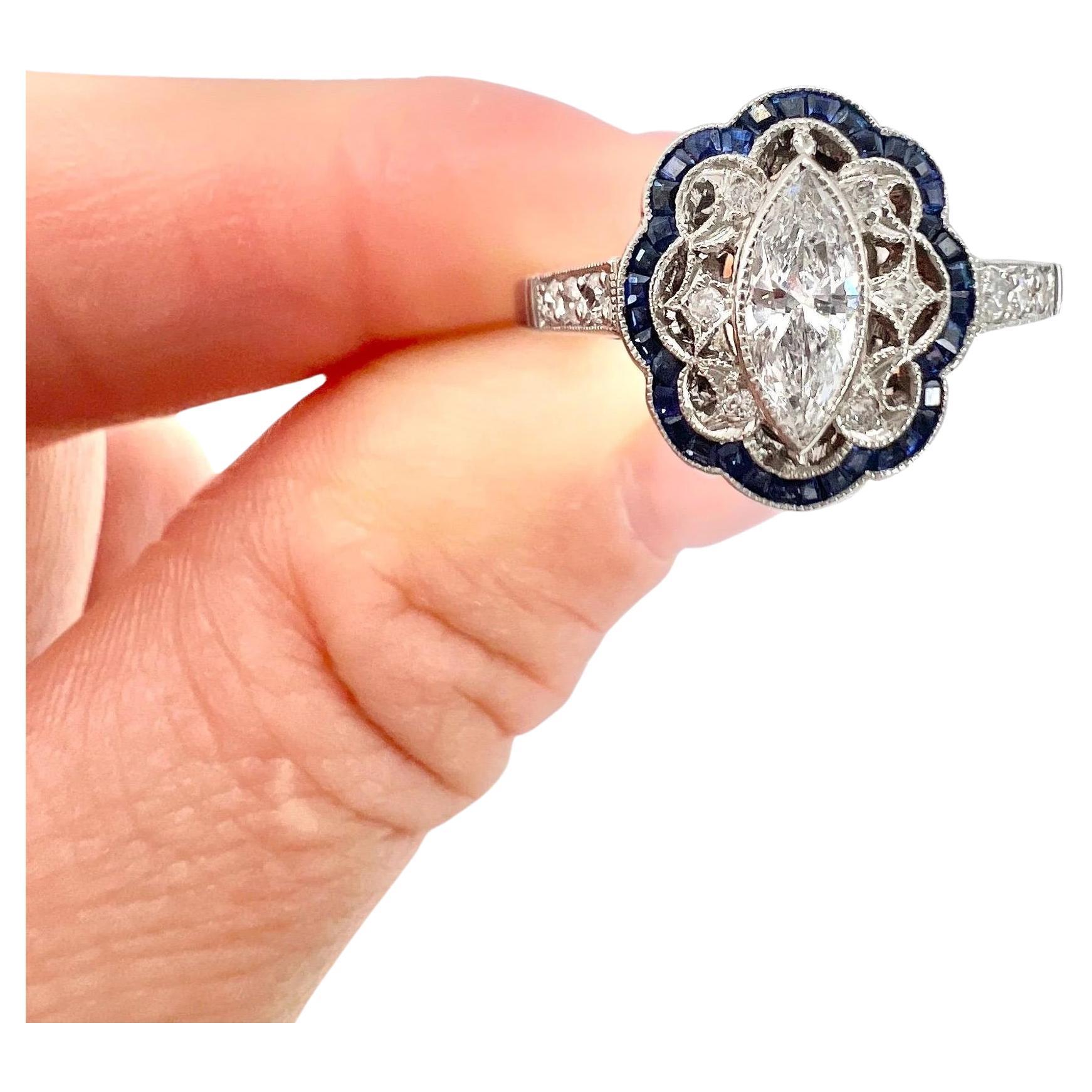 Marquise Diamond & Calibrated Sapphire, Art Deco-Style Fancy Cluster Ring