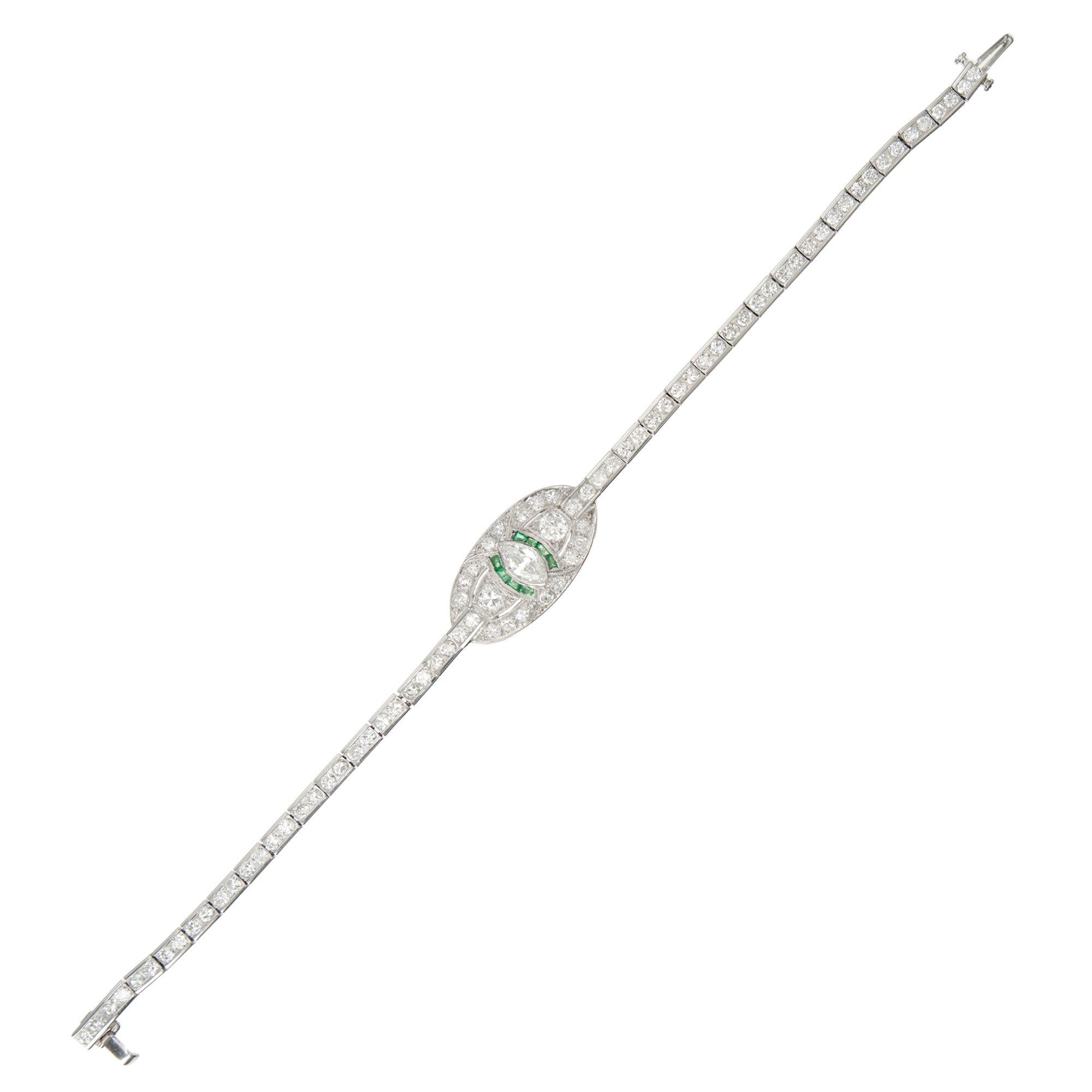 Marquise Cut Marquise Diamond Calibre Emerald Platinum Art Deco Bracelet For Sale