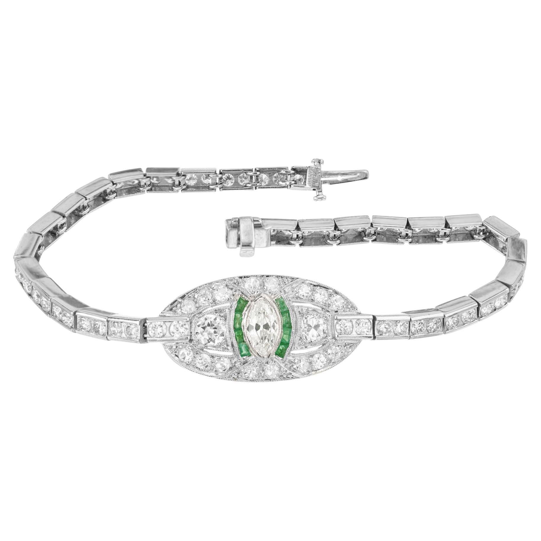 Marquise Diamond Calibre Emerald Platinum Art Deco Bracelet