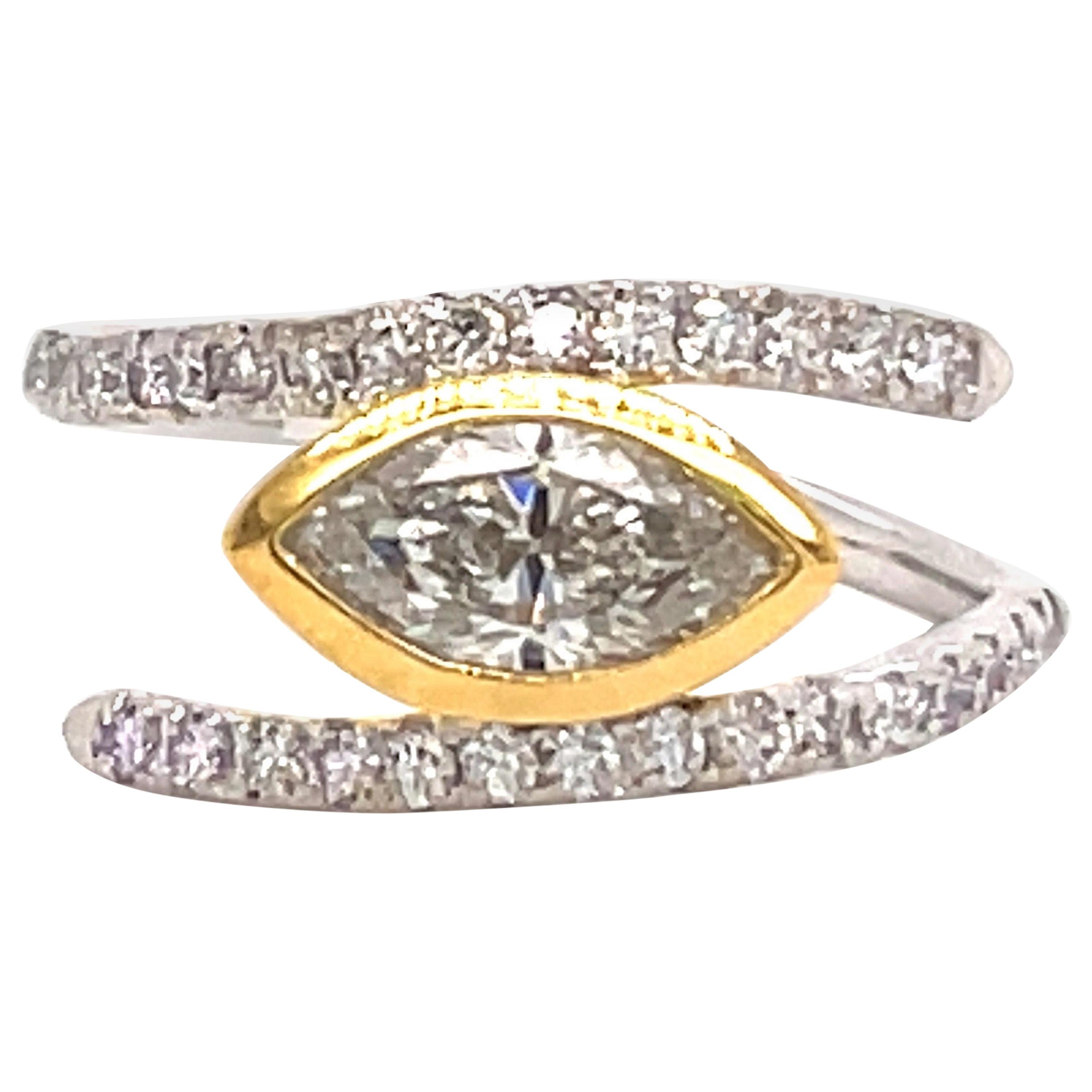 Marquise Diamond Crossover Ring 1.43 Carat 14 Karat White and Yellow Gold For Sale
