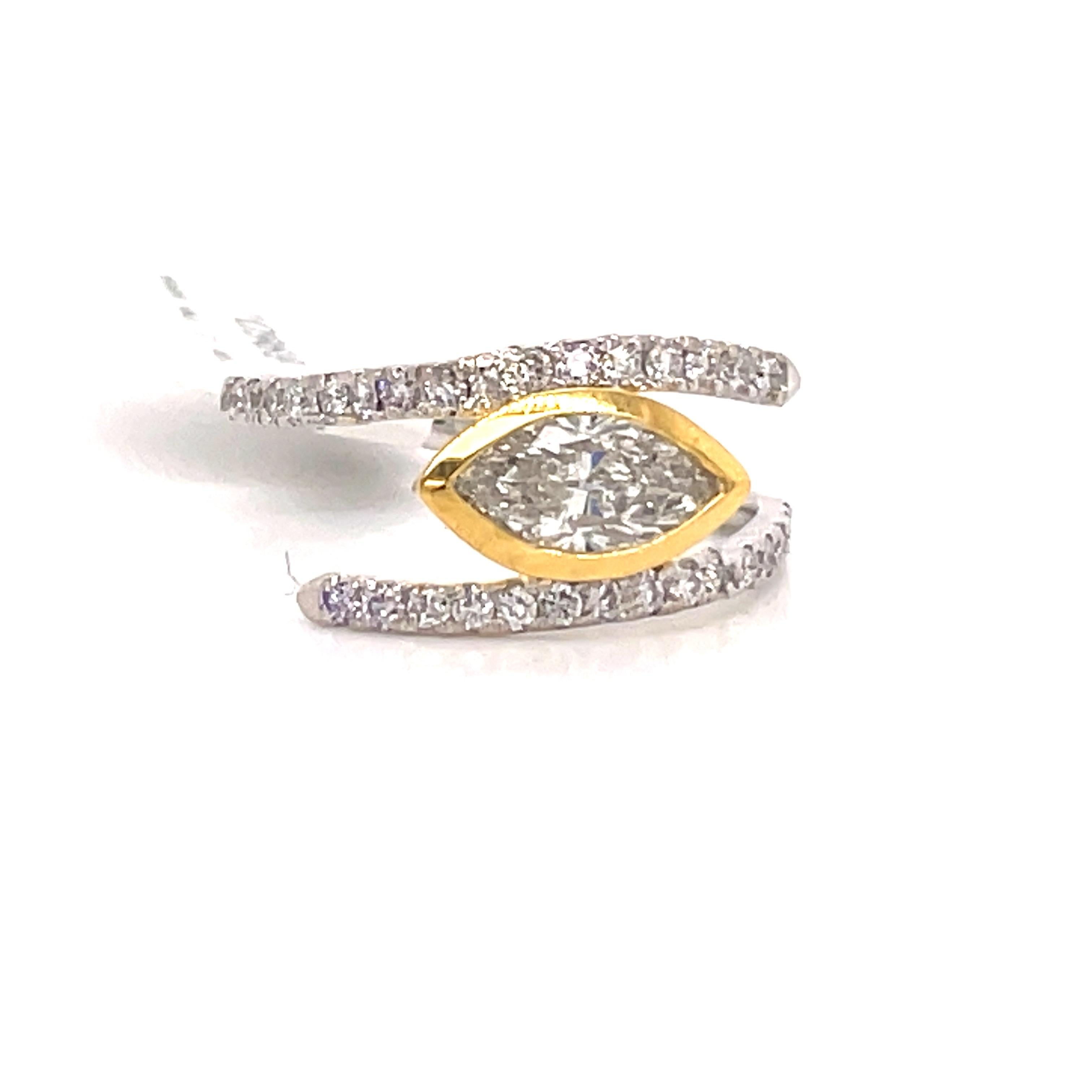 Marquise Cut Marquise Diamond Crossover Ring 1.43 Carat 14 Karat White and Yellow Gold For Sale