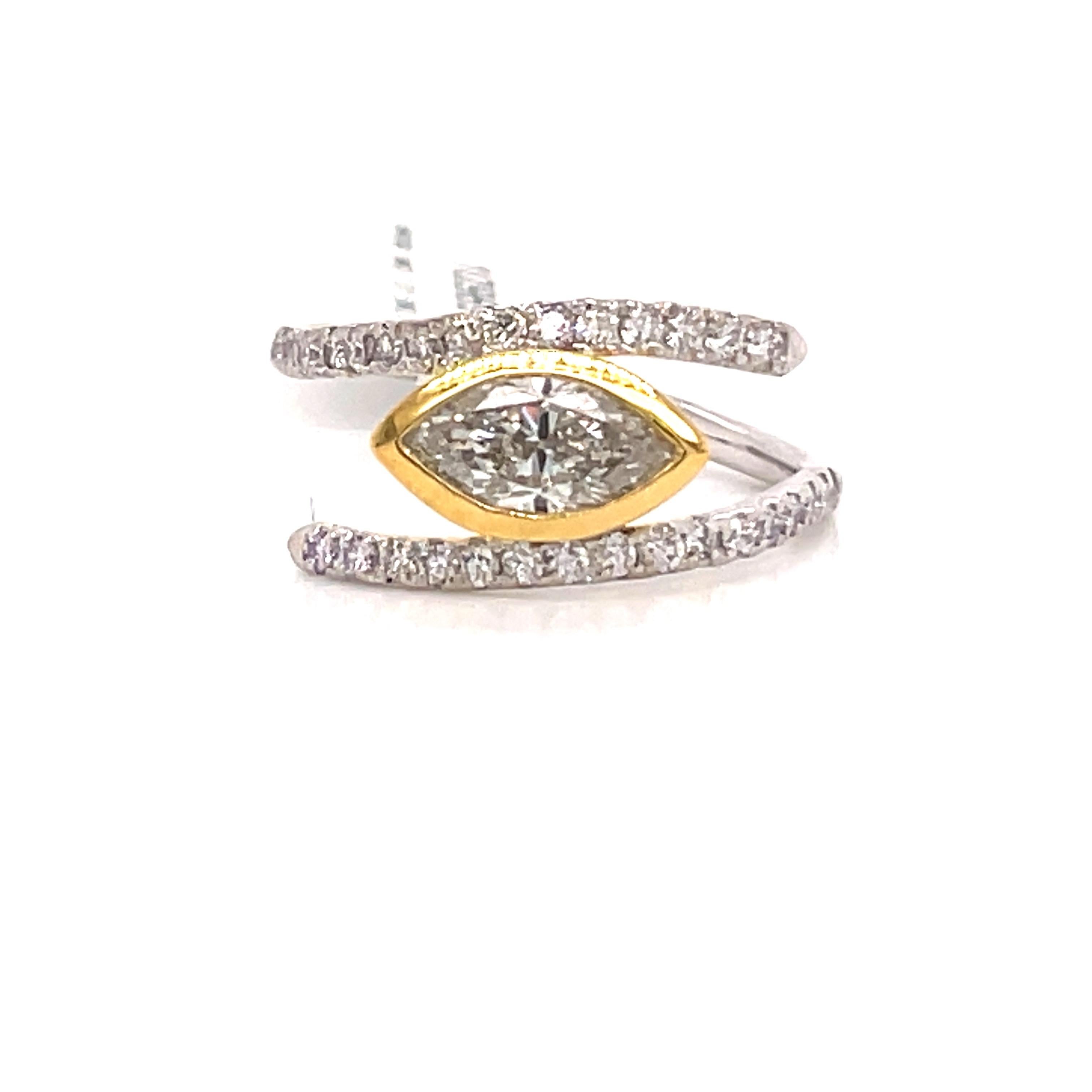 Contemporary Marquise Diamond Crossover Ring 1.43 Carat 14 Karat White and Yellow Gold For Sale