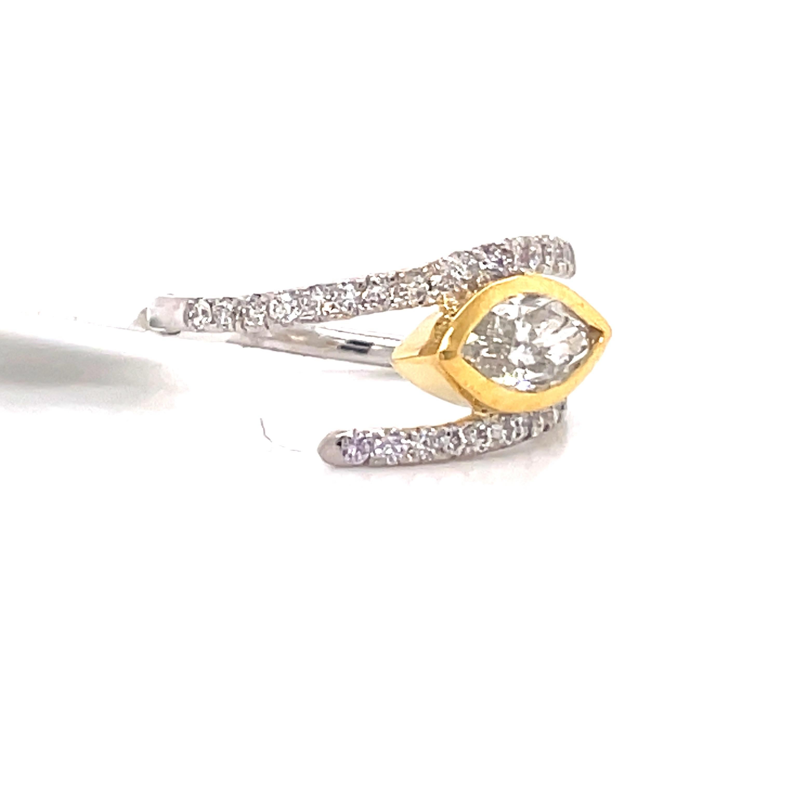 Women's Marquise Diamond Crossover Ring 1.43 Carat 14 Karat White and Yellow Gold For Sale