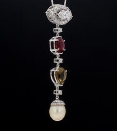 20.42 carat Marquise Diamond and Tourmalines Drop Pendant with a South Sea Pearl