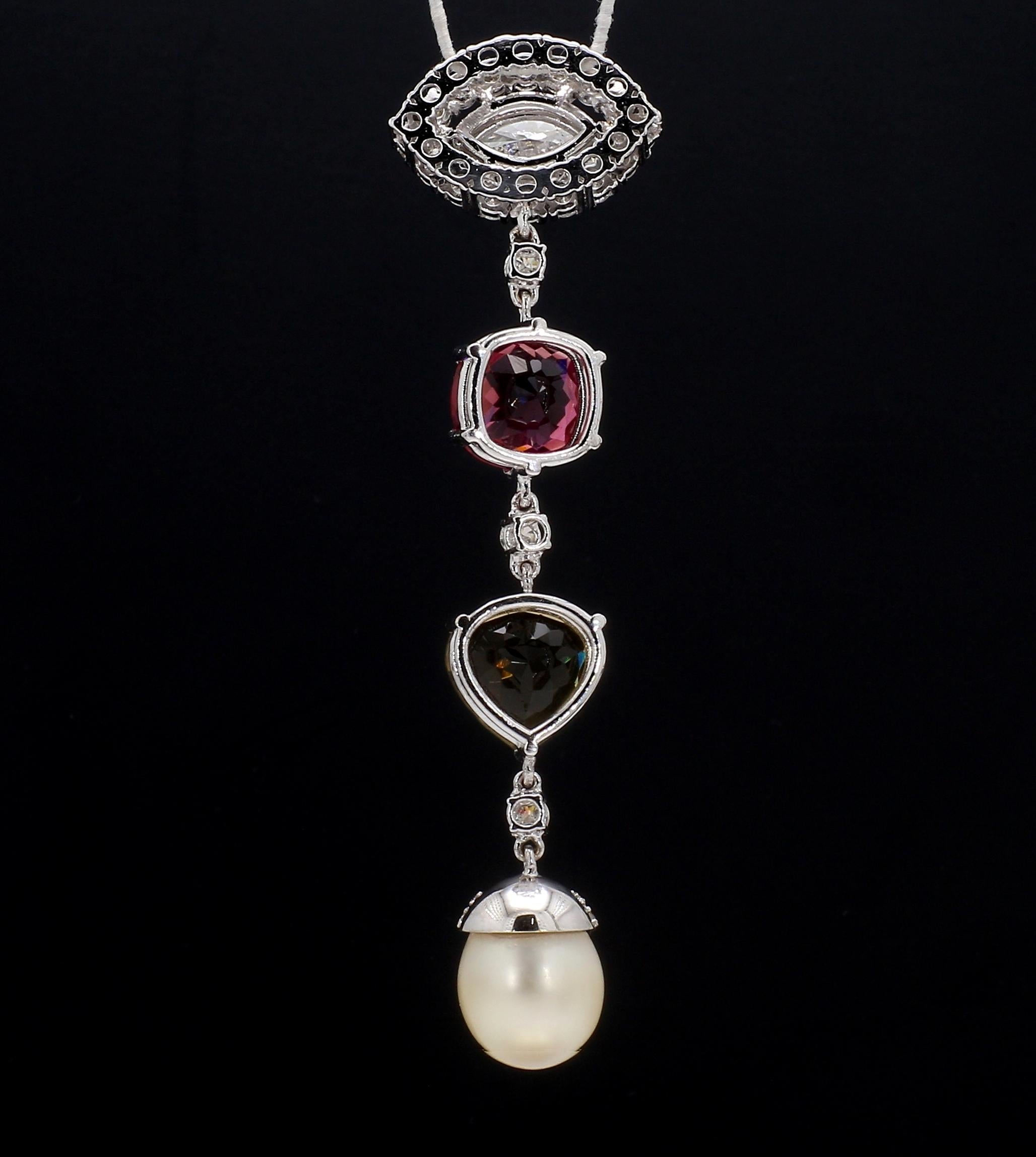 Anglo-Indian Marquise Diamond Drop Pendant with Tourmalines and South Sea Pearl