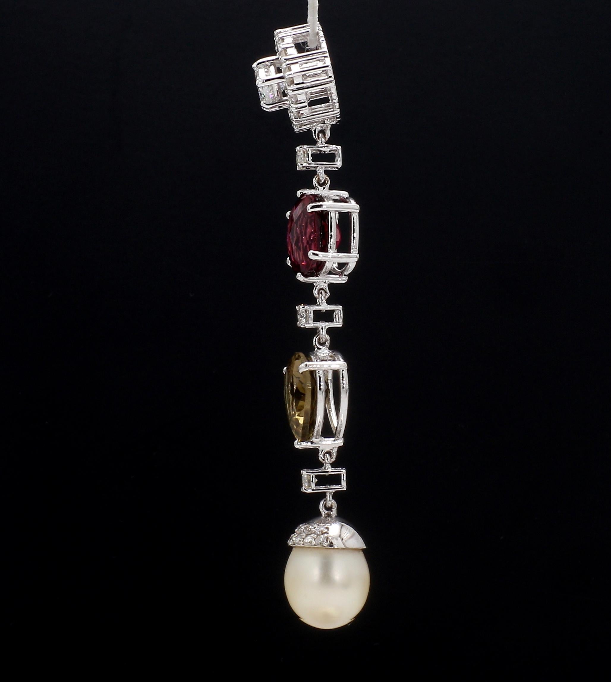 Marquise Cut Marquise Diamond Drop Pendant with Tourmalines and South Sea Pearl