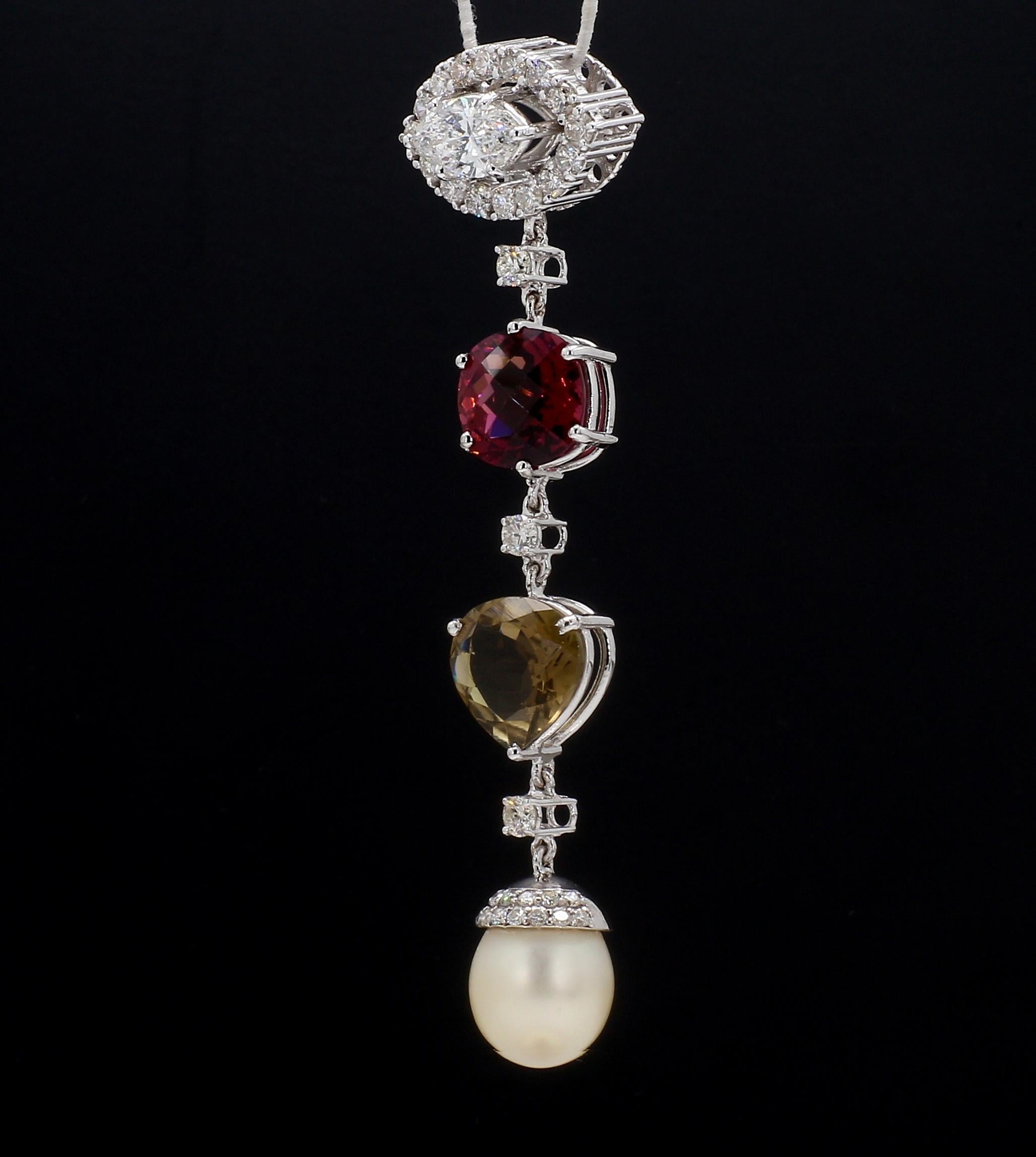 Marquise Diamond Drop Pendant with Tourmalines and South Sea Pearl In New Condition In New York, NY