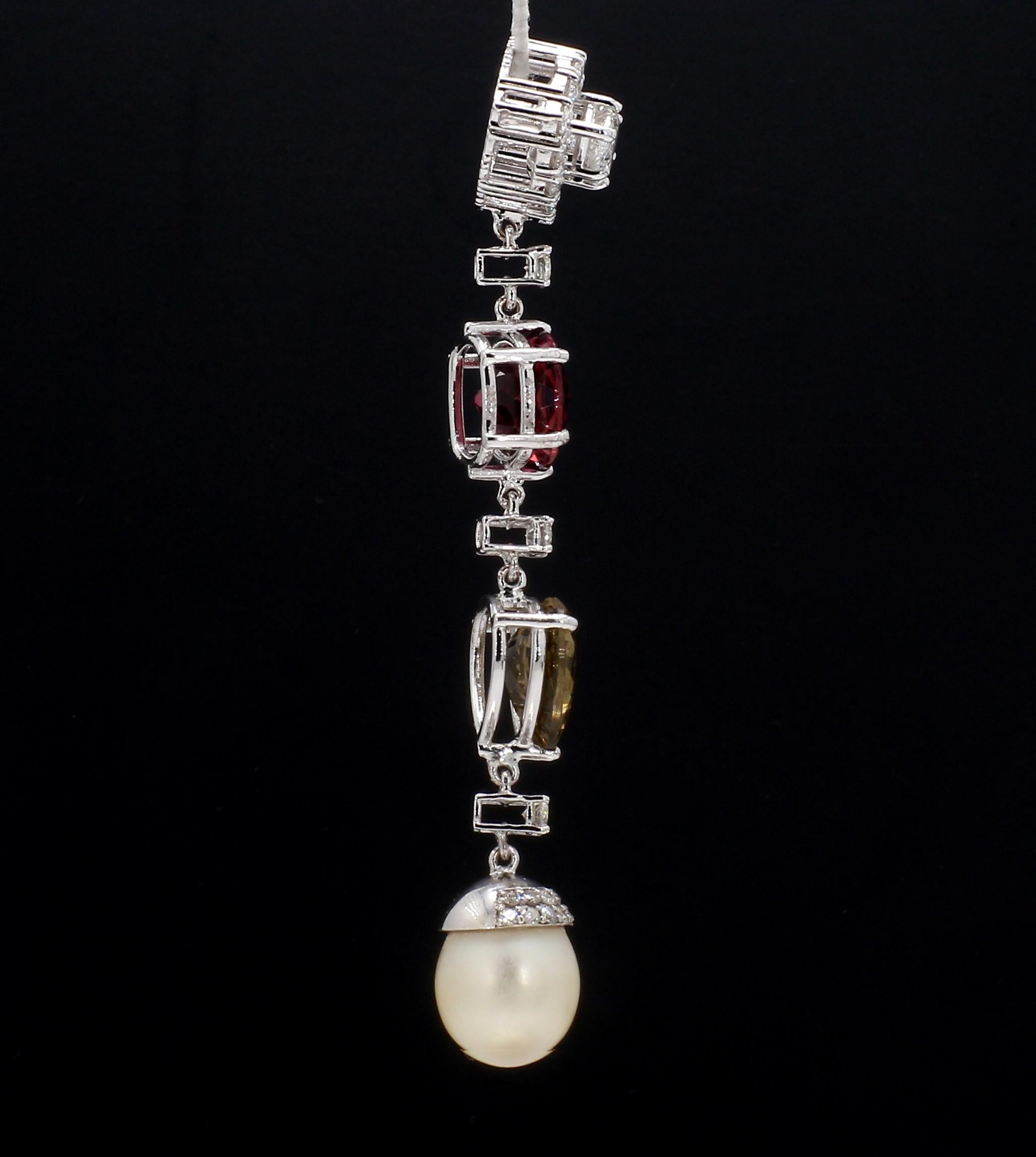 Women's or Men's Marquise Diamond Drop Pendant with Tourmalines and South Sea Pearl