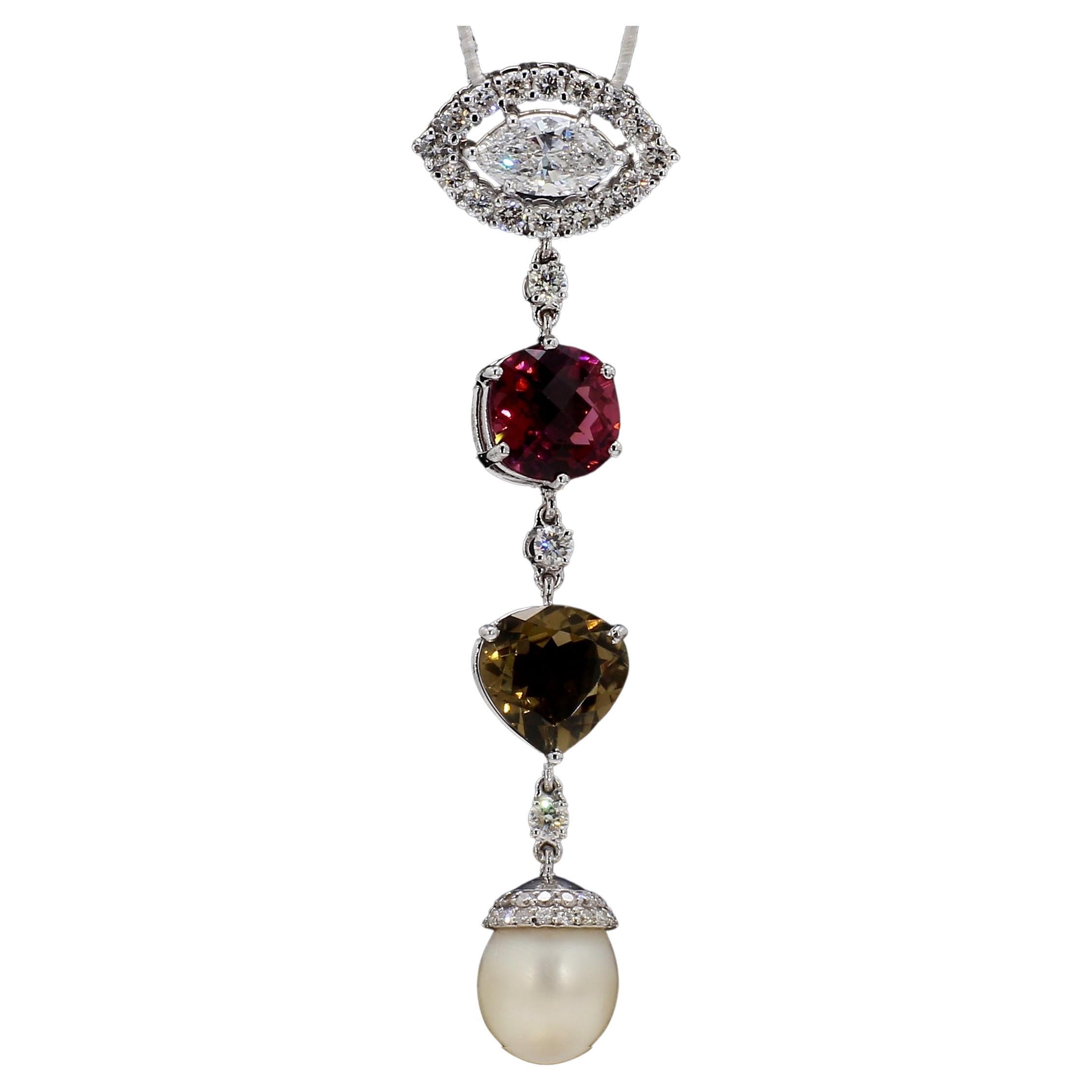 Marquise Diamond Drop Pendant with Tourmalines and South Sea Pearl