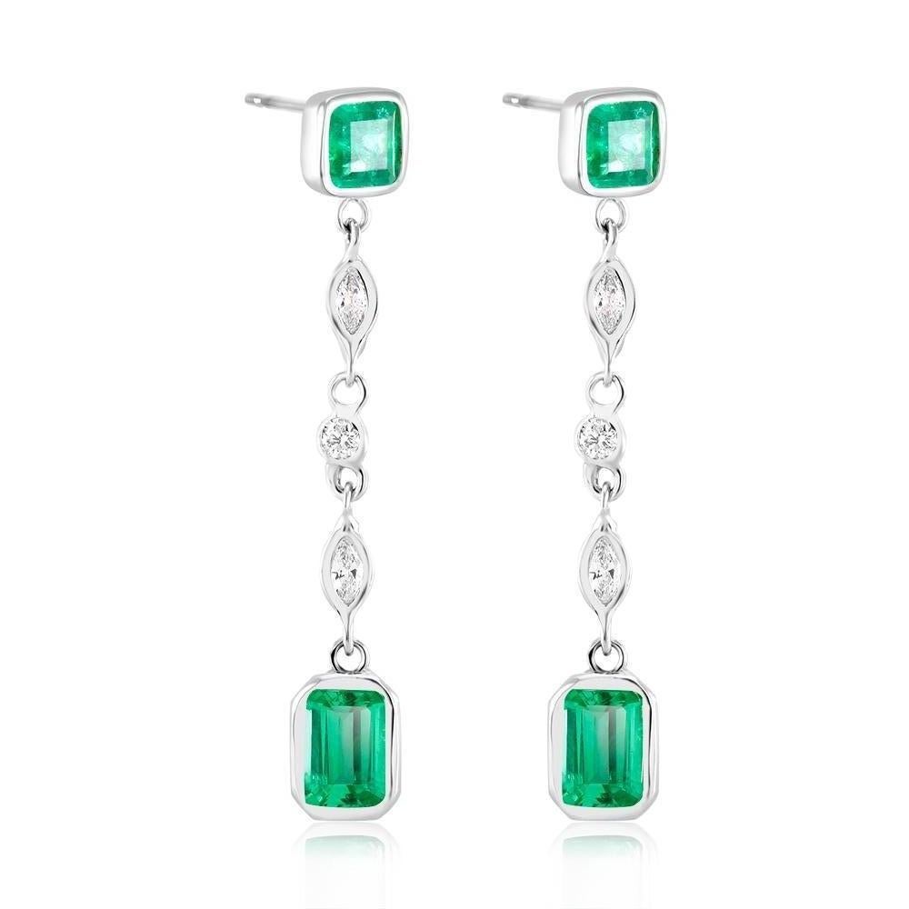 Emerald Cut Marquise Diamond Emerald 1.5 Inch Long Drop Earrings Weighing 2.95 Carats 