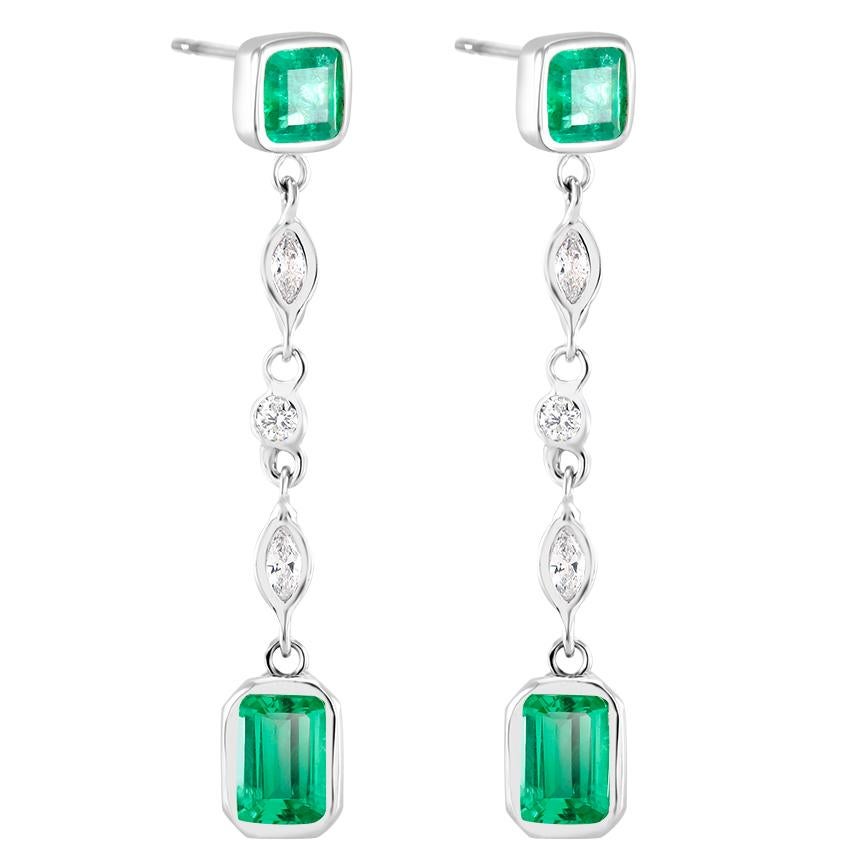 Marquise Diamond Emerald 1.5 Inch Long Drop Earrings Weighing 2.95 Carats 