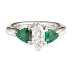 Marquise Diamond Emerald Ring Gemstone Engagement 14 Karat White Gold Estate