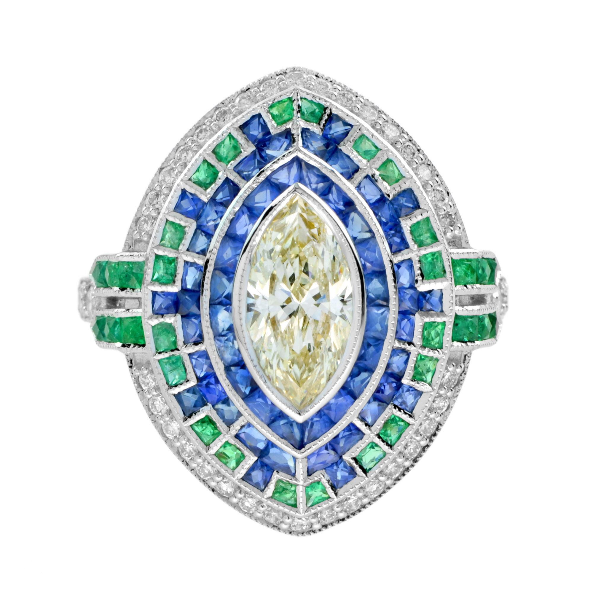 This stunning halo ring sparkles in lustrous 18k white gold and features a marquise shaped diamond at the center with French cut emerald, sapphire and round diamond in beautiful halo designs. Adorn yourself with an Art Deco inspired jewelry in every