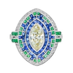 Marquise Diamond & Emerald Sapphire Art Deco Style Halo White Gold Ring