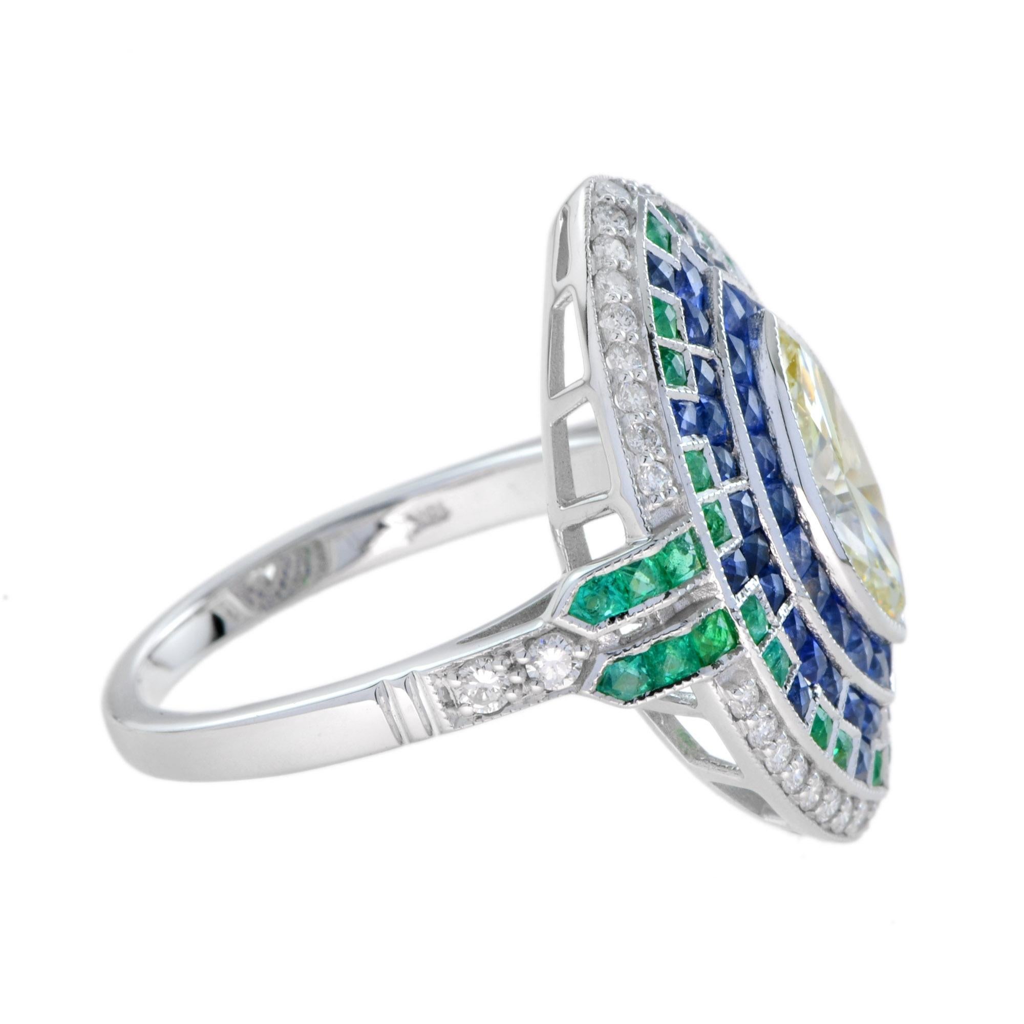 Art déco Marquise Diamond & Emerald Sapphire Art Deco Style Halo White Gold Ring en vente